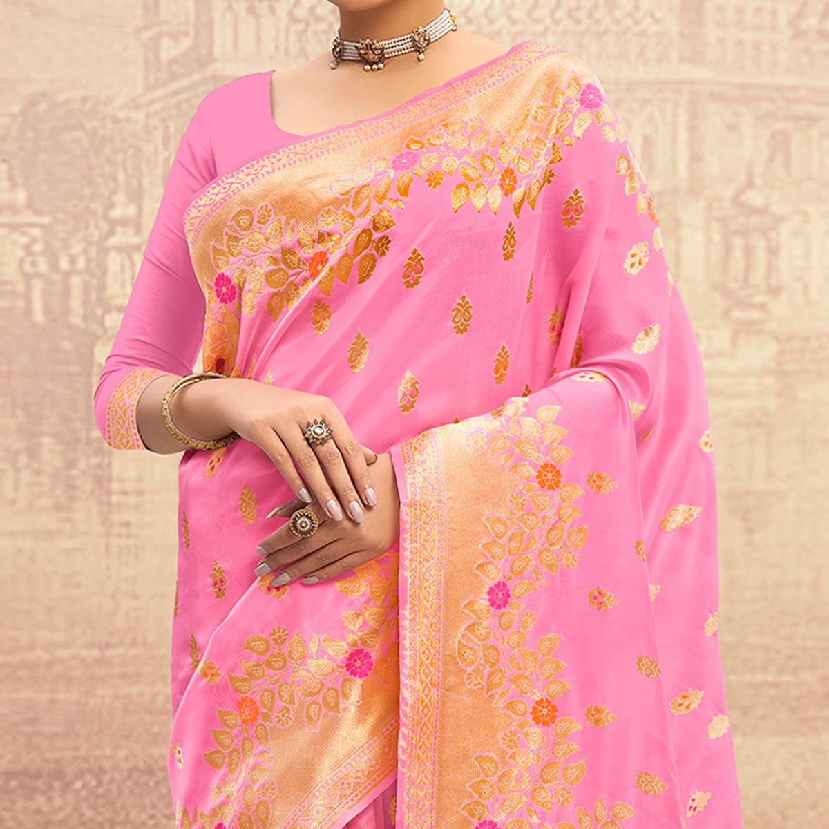 Pink Partywear Woven Silk Saree - Peachmode