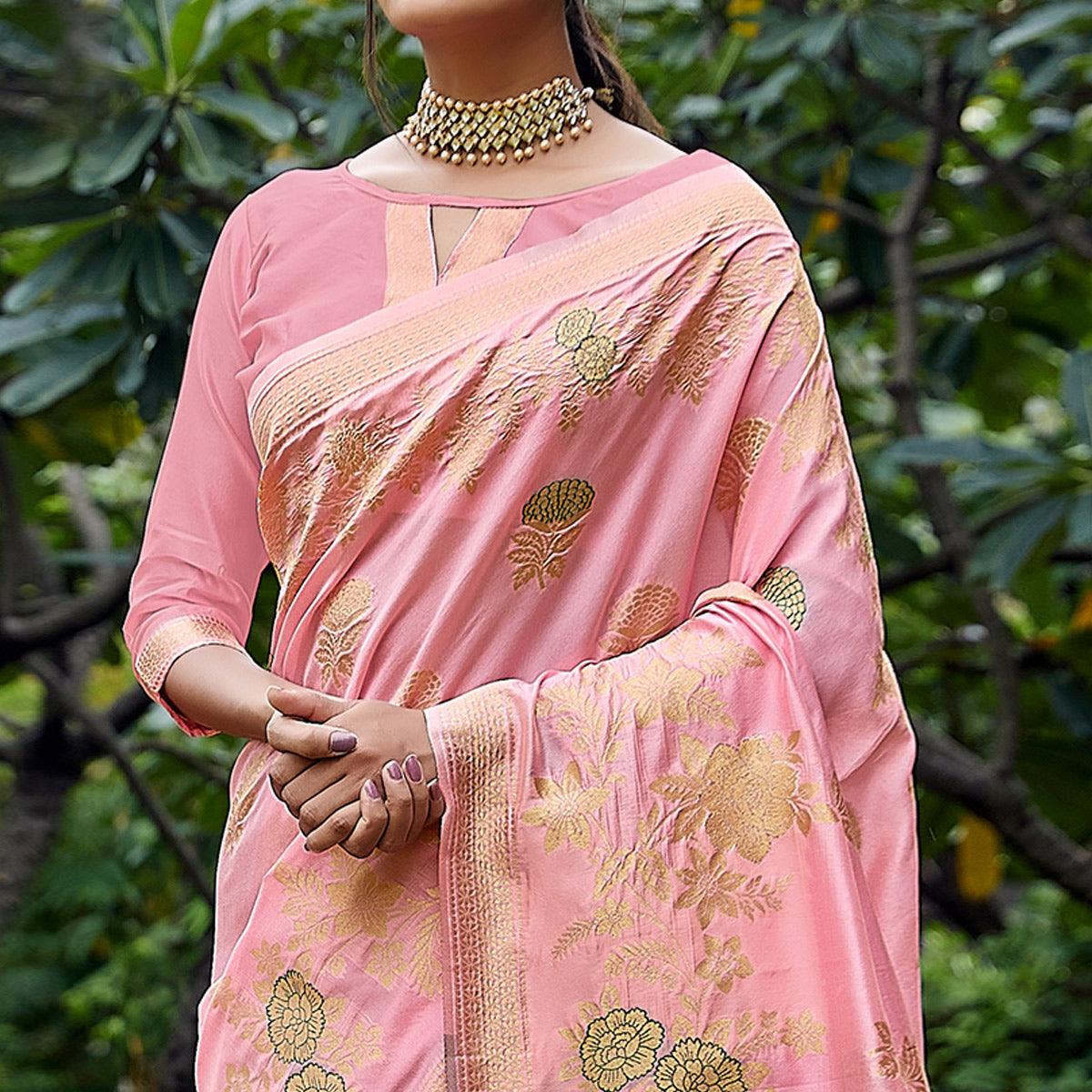 Pink Partywear Woven Silk Saree - Peachmode