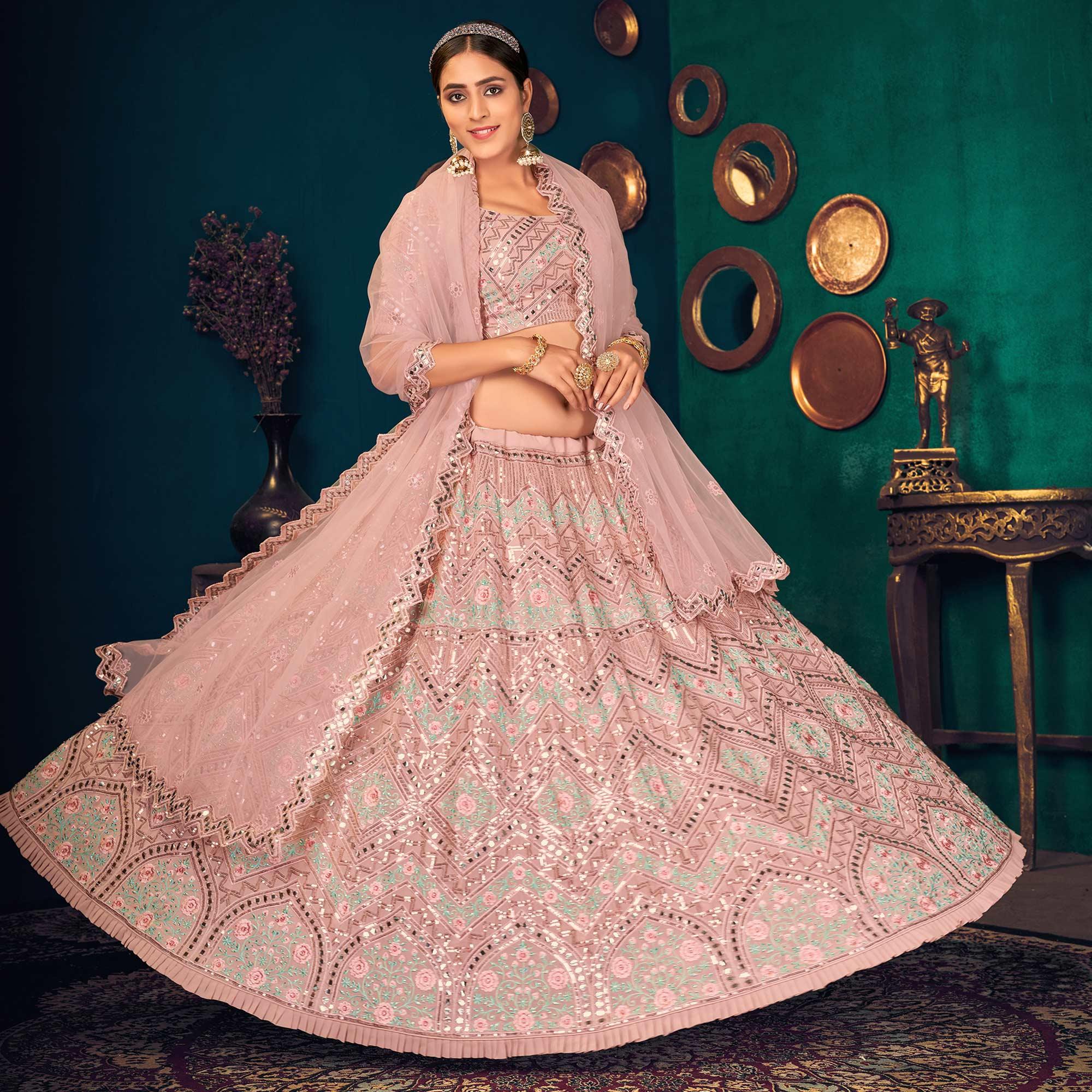 Pink Pastel Partywear Sequence With Gotta Patti Embroidered Georgette Lehenga Choli - Peachmode