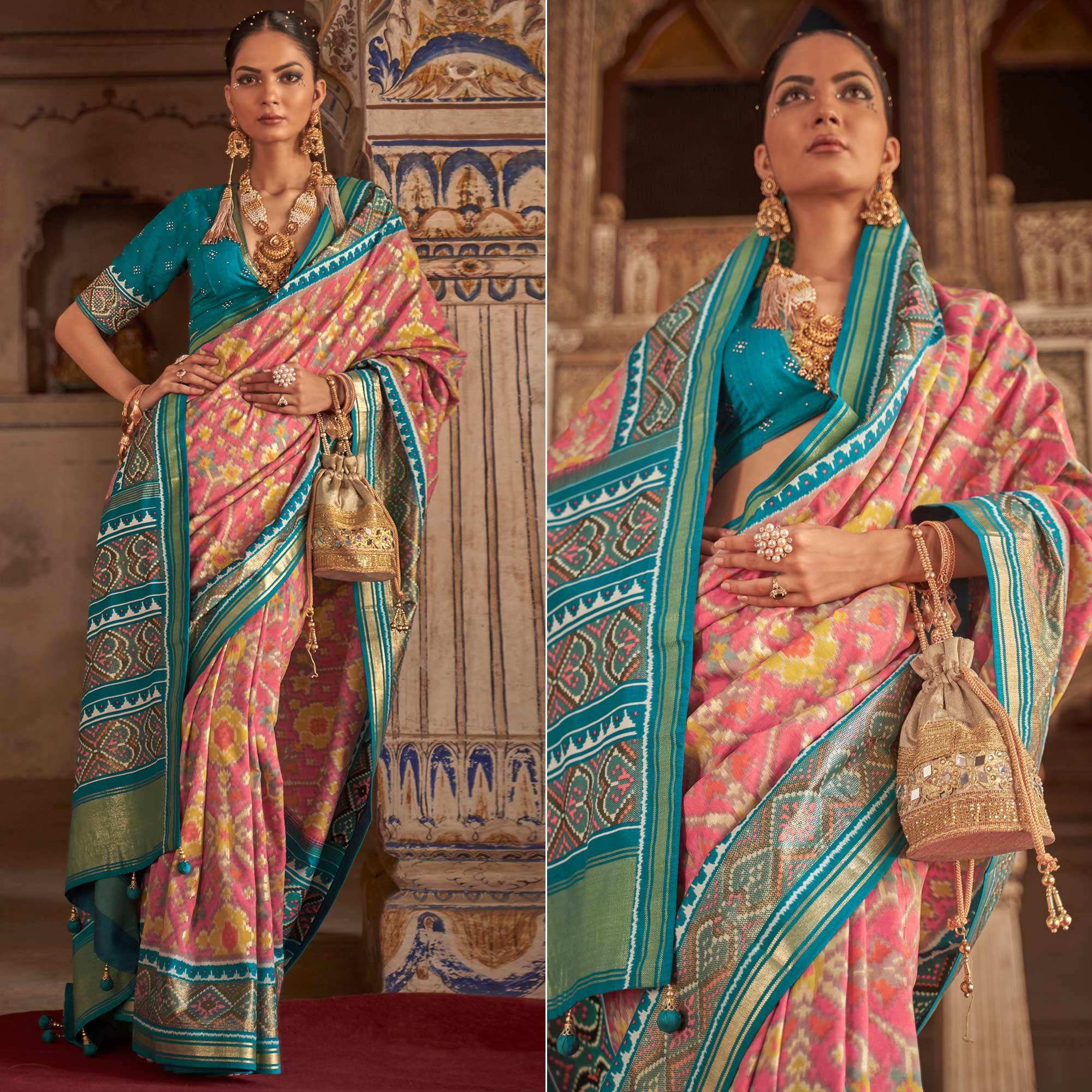 Pink Patola Printed Art Silk Saree - Peachmode
