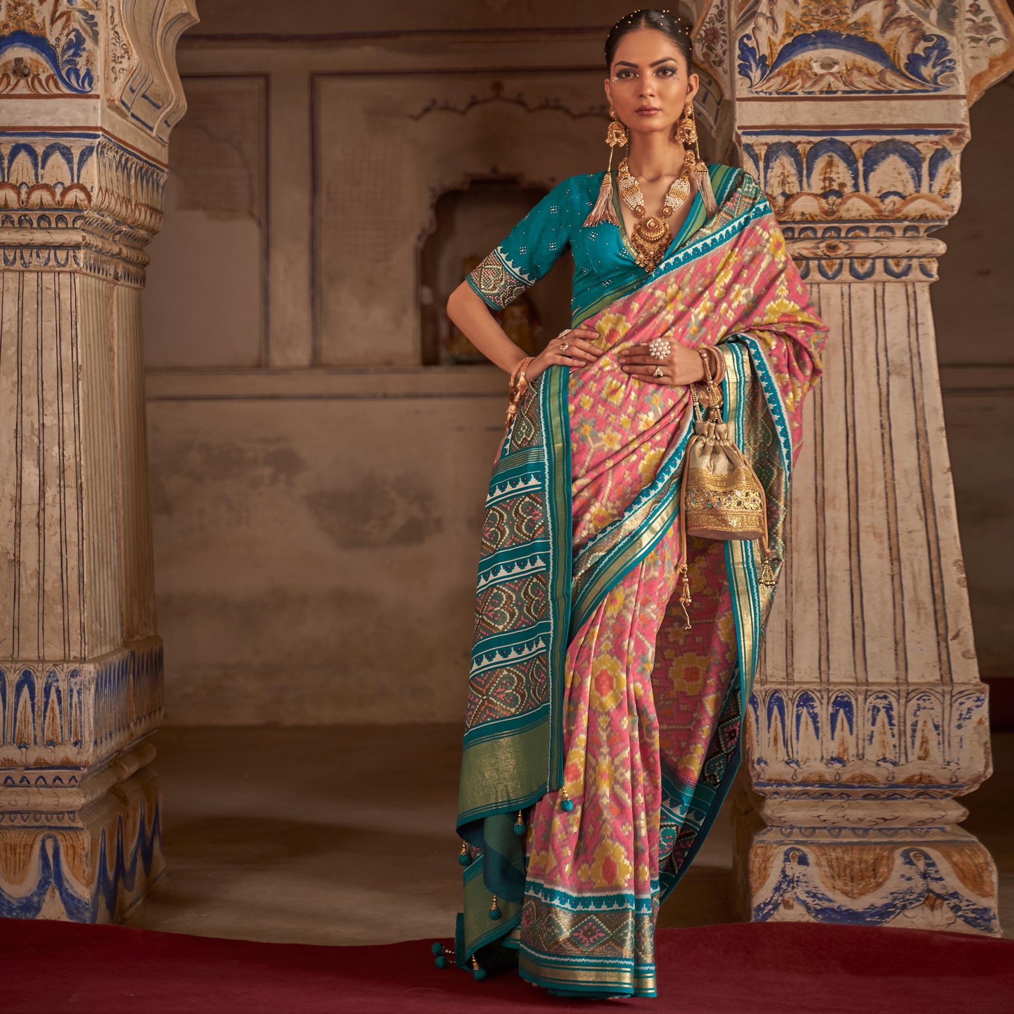 Pink Patola Printed Art Silk Saree - Peachmode