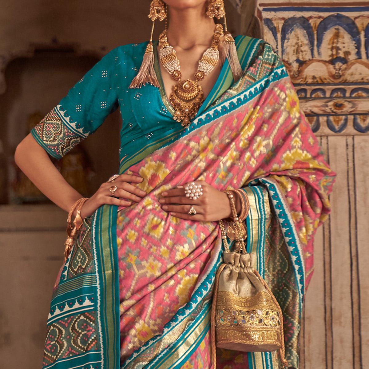 Pink Patola Printed Art Silk Saree - Peachmode