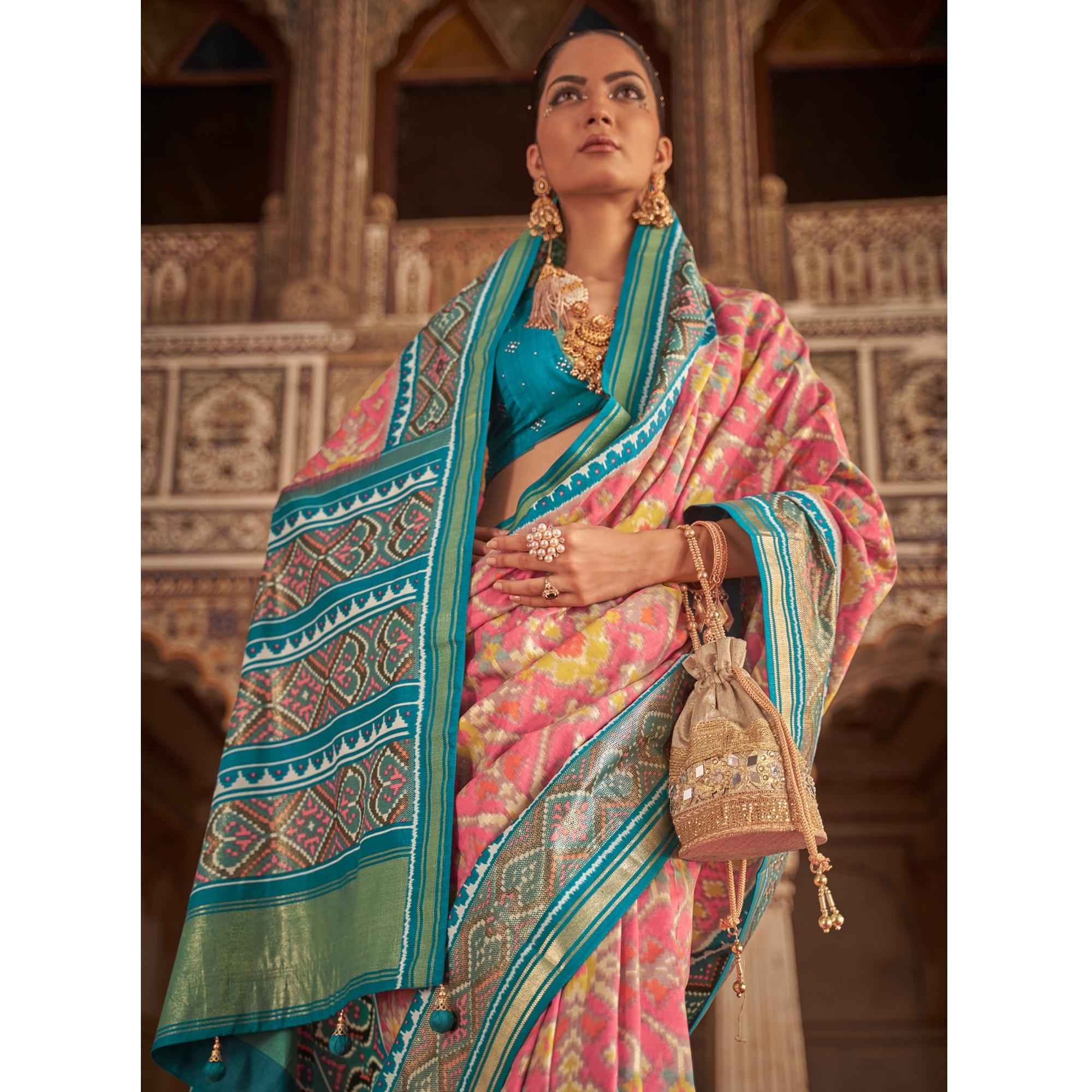 Pink Patola Printed Art Silk Saree - Peachmode