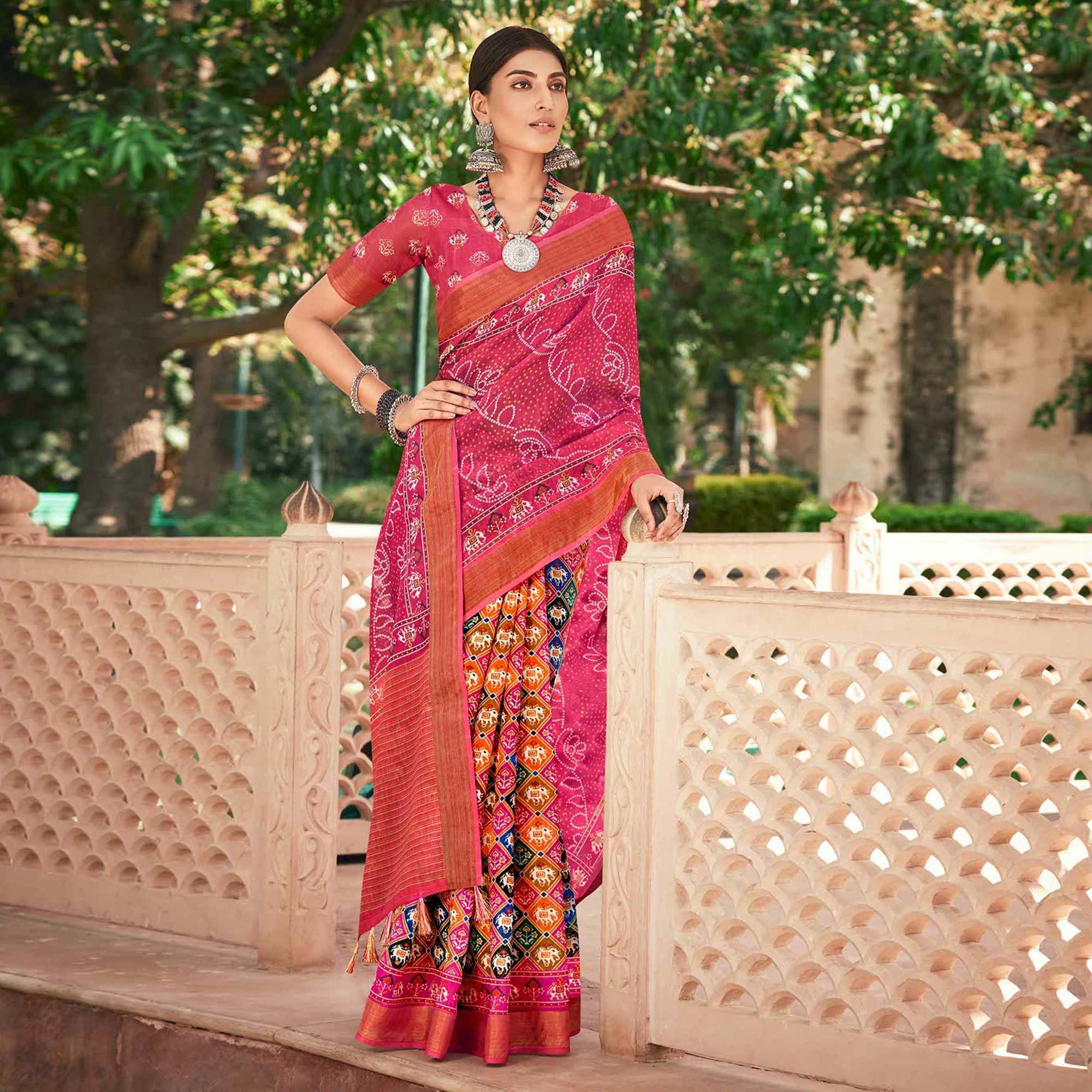 Pink Patola Printed Cotton Silk Half and Half Saree With Tassels - Peachmode