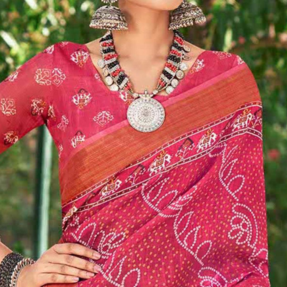 Pink Patola Printed Cotton Silk Half and Half Saree With Tassels - Peachmode
