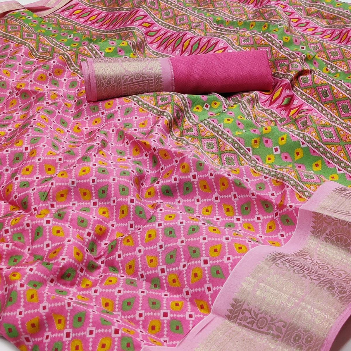 Pink Patola Printed Dola Silk Saree - Peachmode