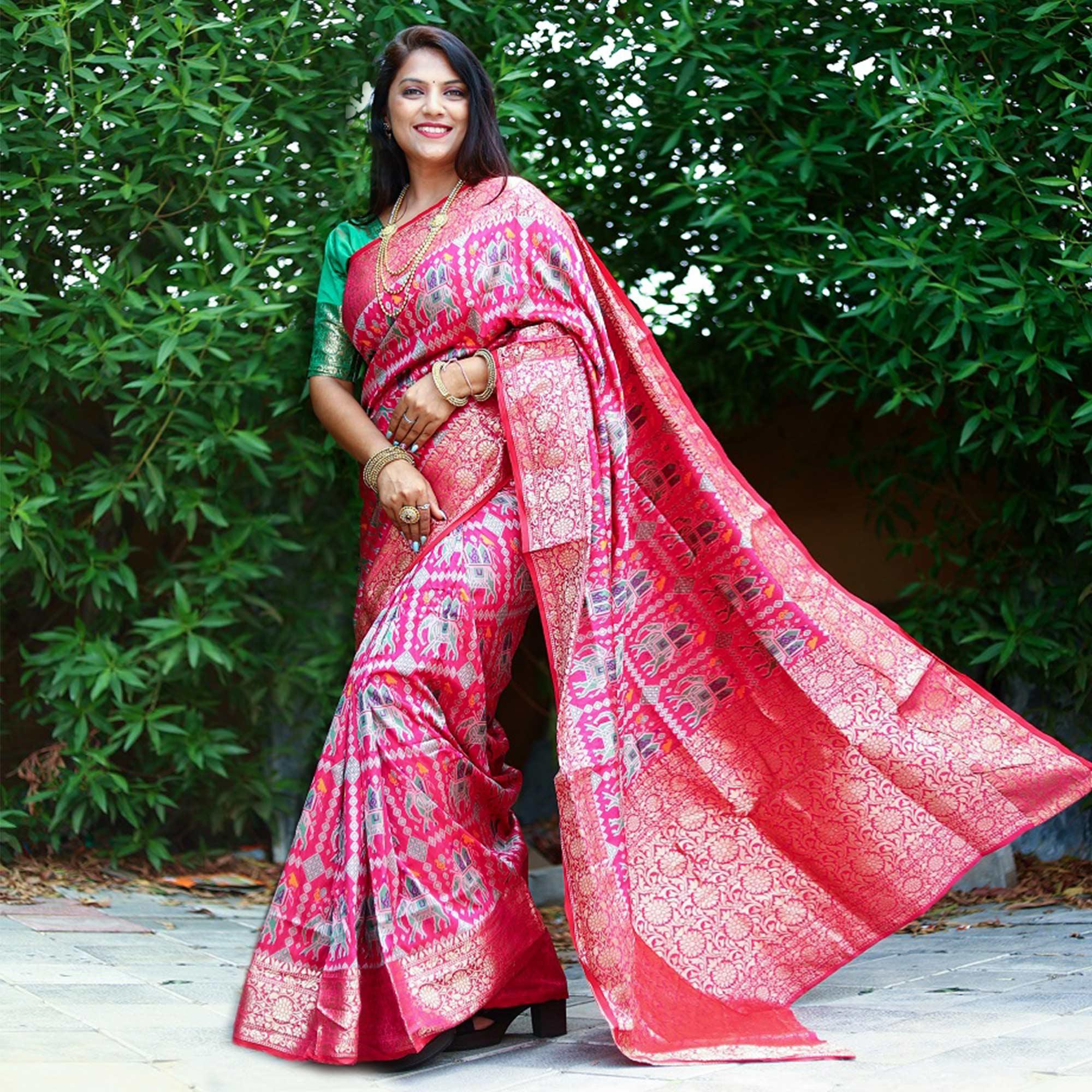 Pink Patola Printed Silk Saree - Peachmode