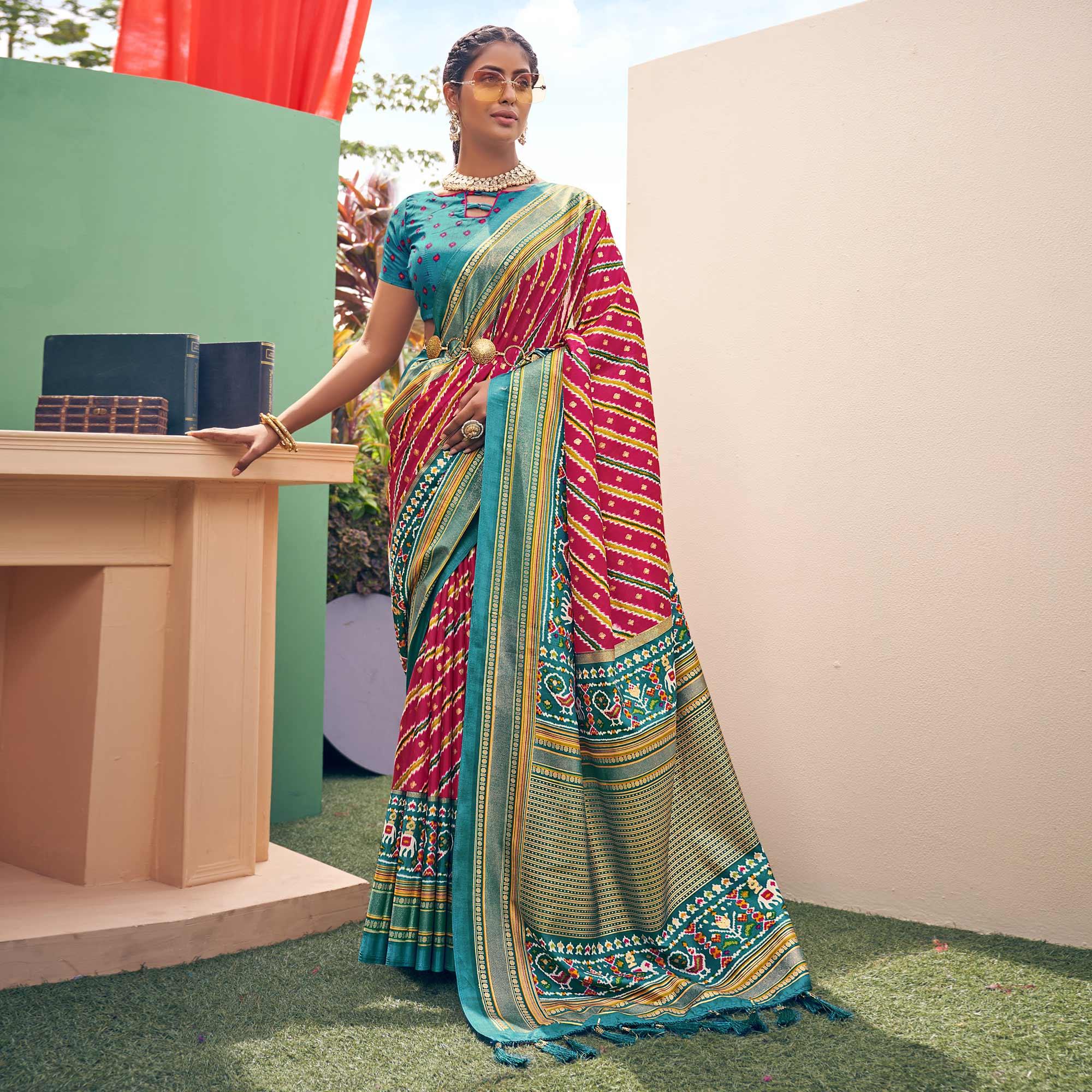 Pink Patola Printed Silk Saree With Tassels - Peachmode