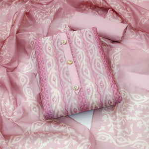 Pink Printed & Mirror Work Chanderi Dress Material - Peachmode