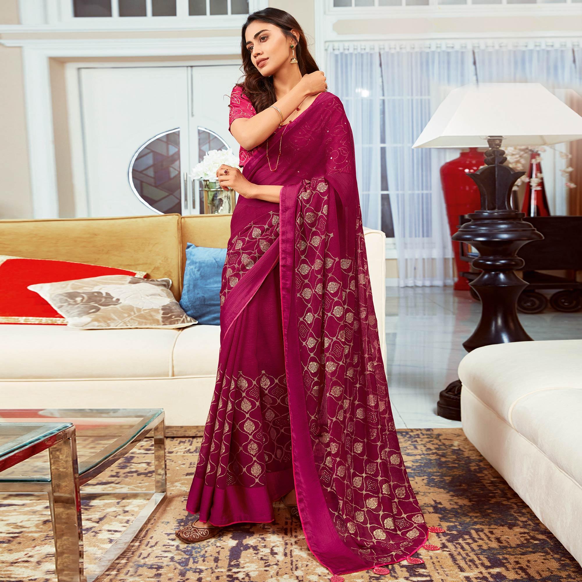 Pink Printed Art Silk Saree With Tassels - Peachmode