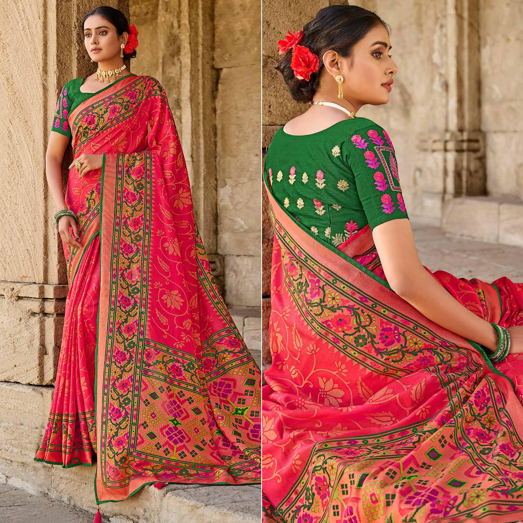 Pink Printed Art Silk Saree With Tassels - Peachmode