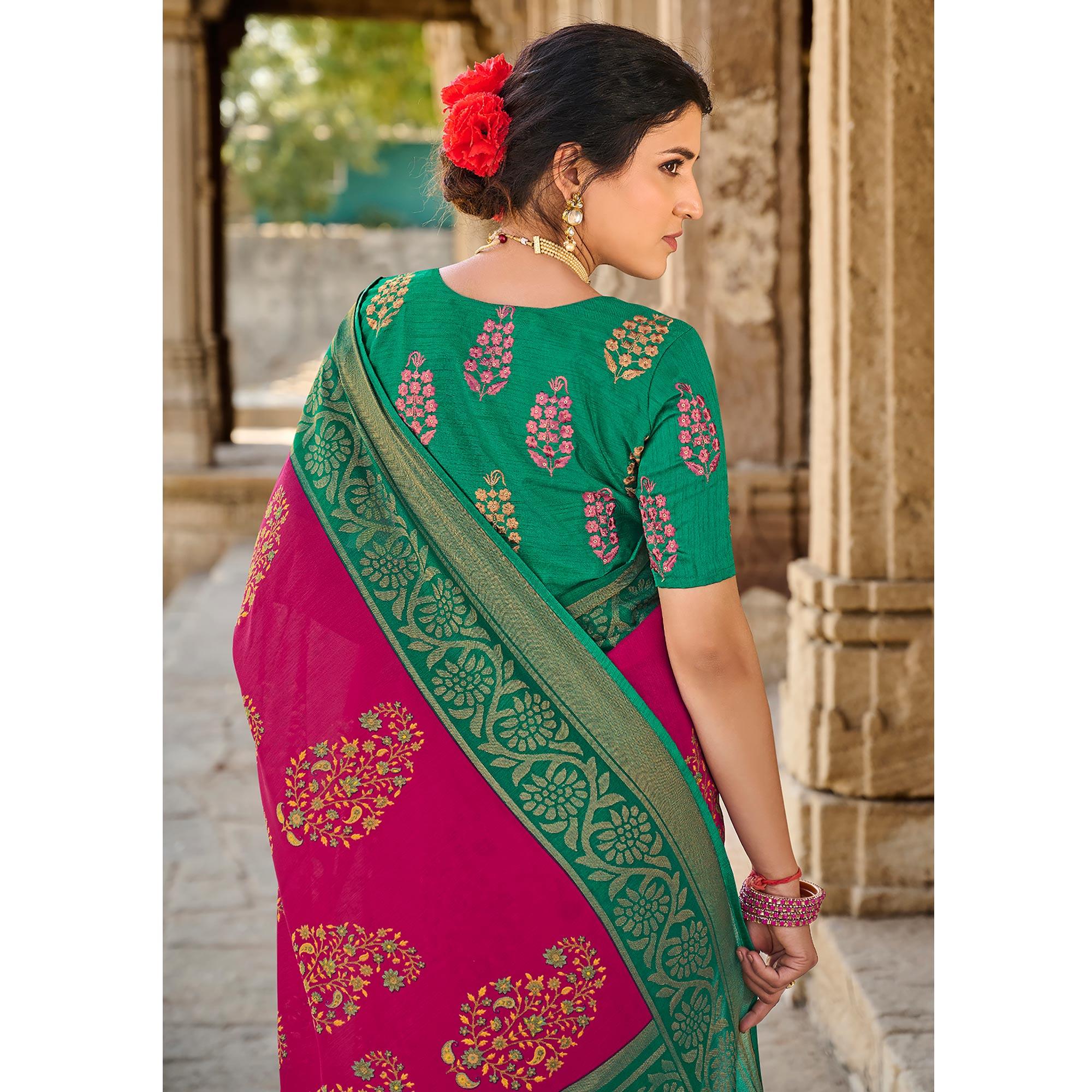 Pink Printed Art Silk Saree With Tassels - Peachmode