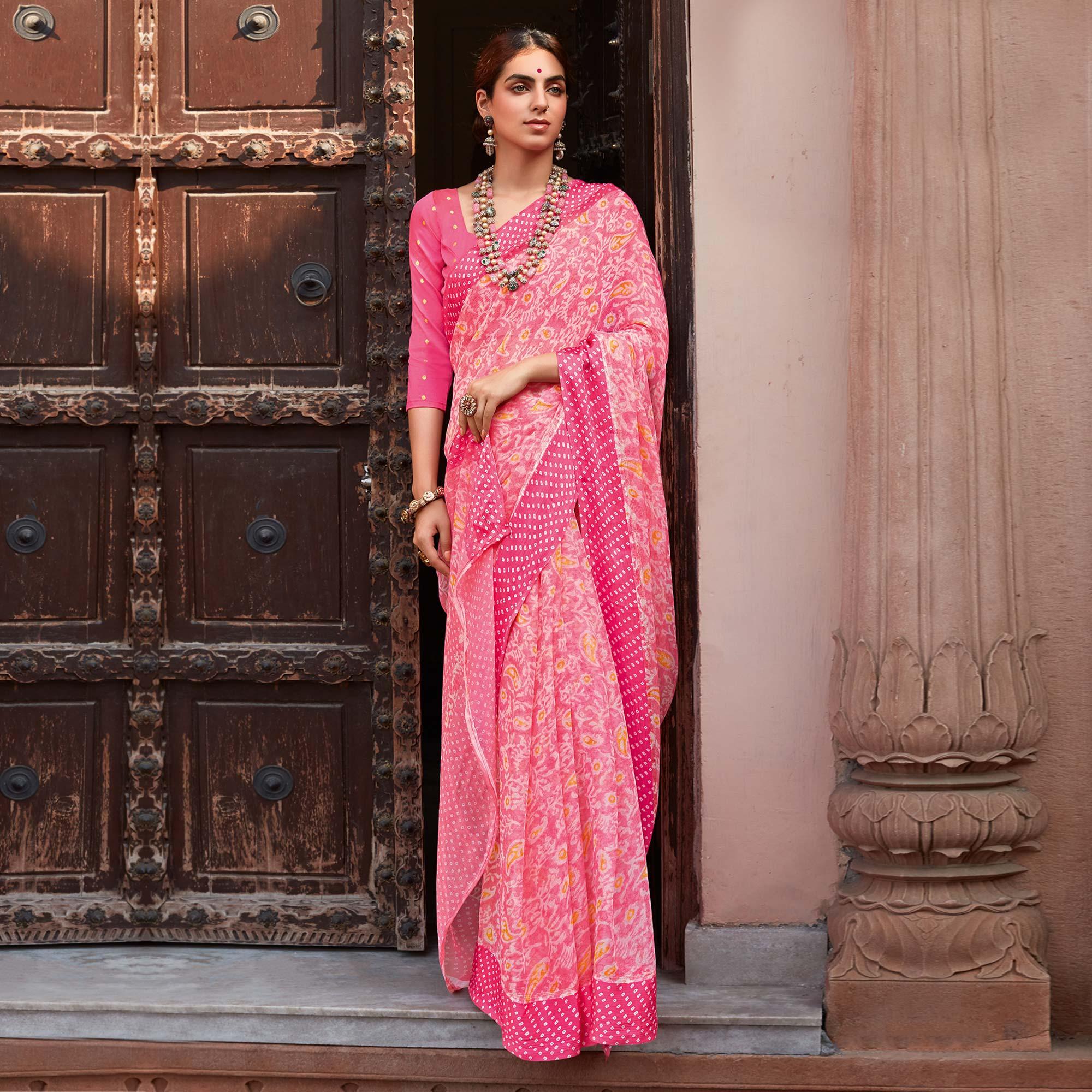 Pink Printed Chiffon Saree - Peachmode