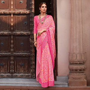 Pink Printed Chiffon Saree - Peachmode
