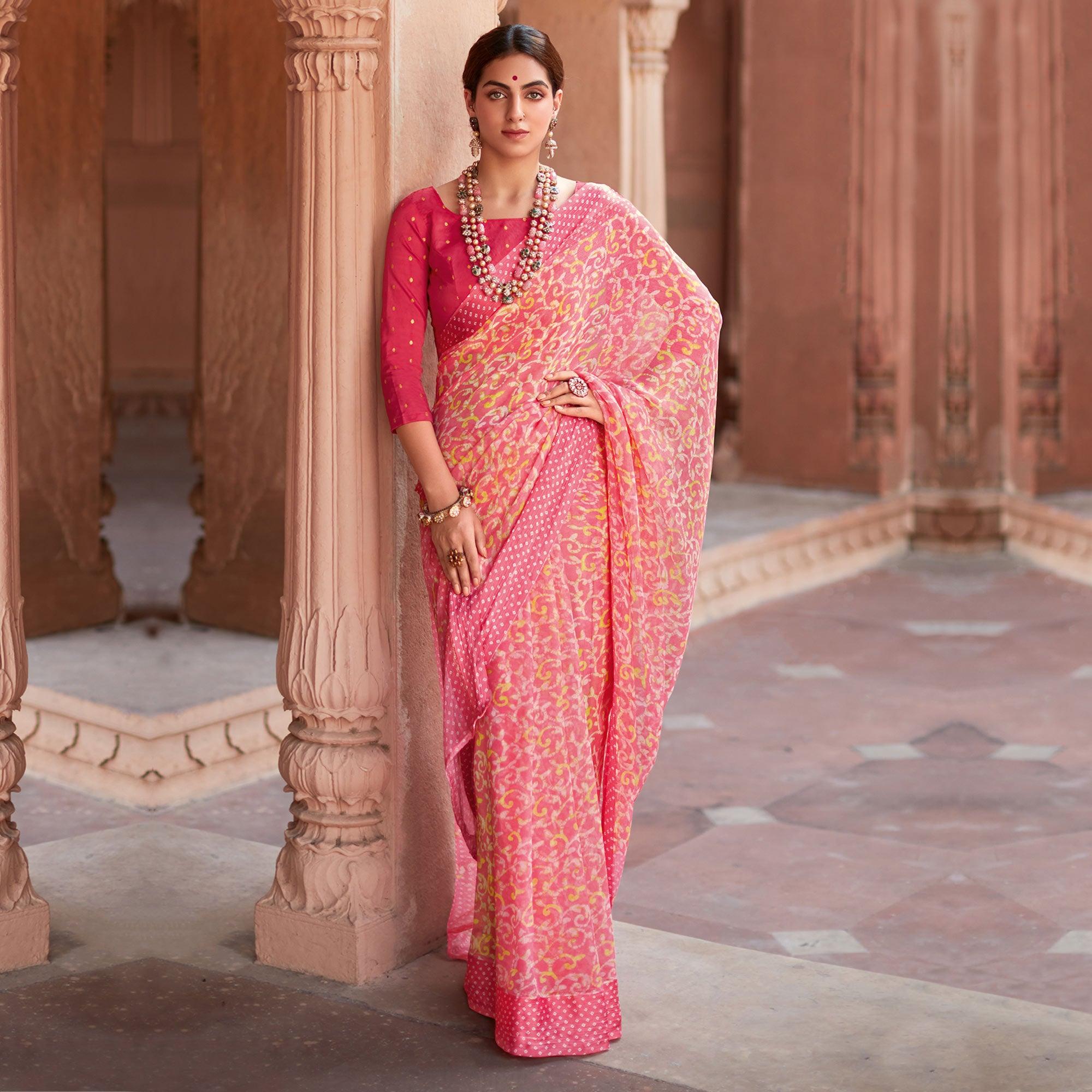 Pink Printed Chiffon Saree - Peachmode