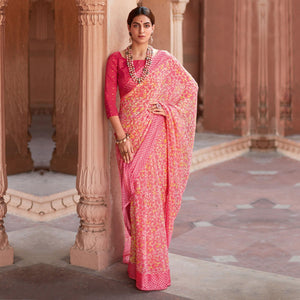 Pink Printed Chiffon Saree - Peachmode