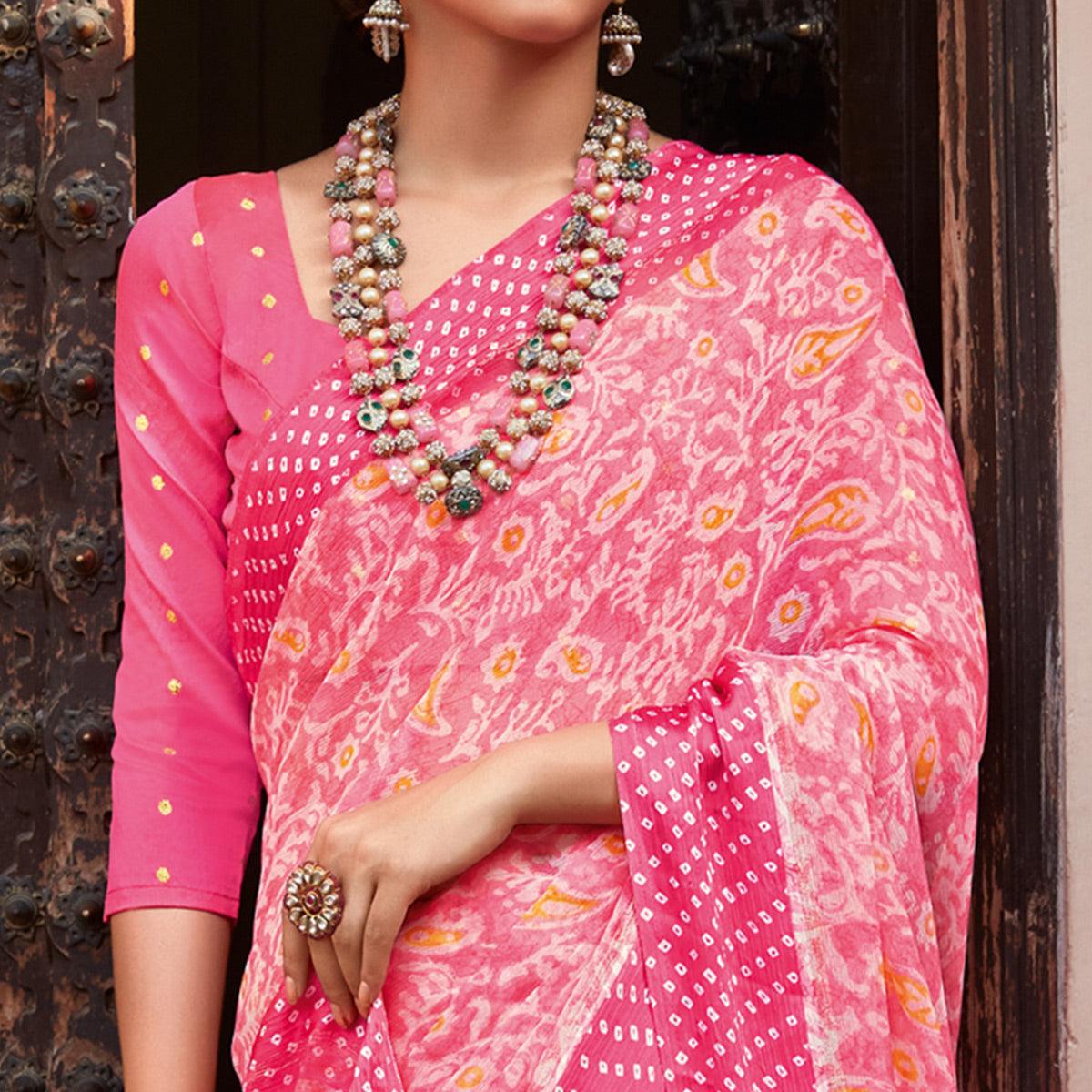 Pink Printed Chiffon Saree - Peachmode