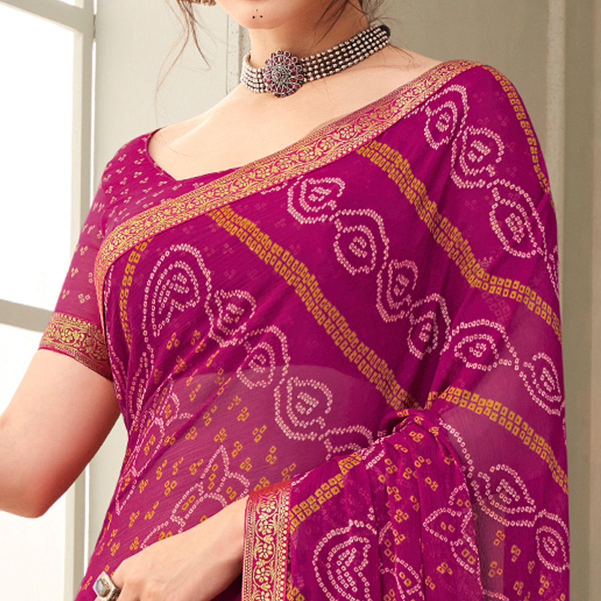 Pink Printed Chiffon Saree with Banarasi Border - Peachmode