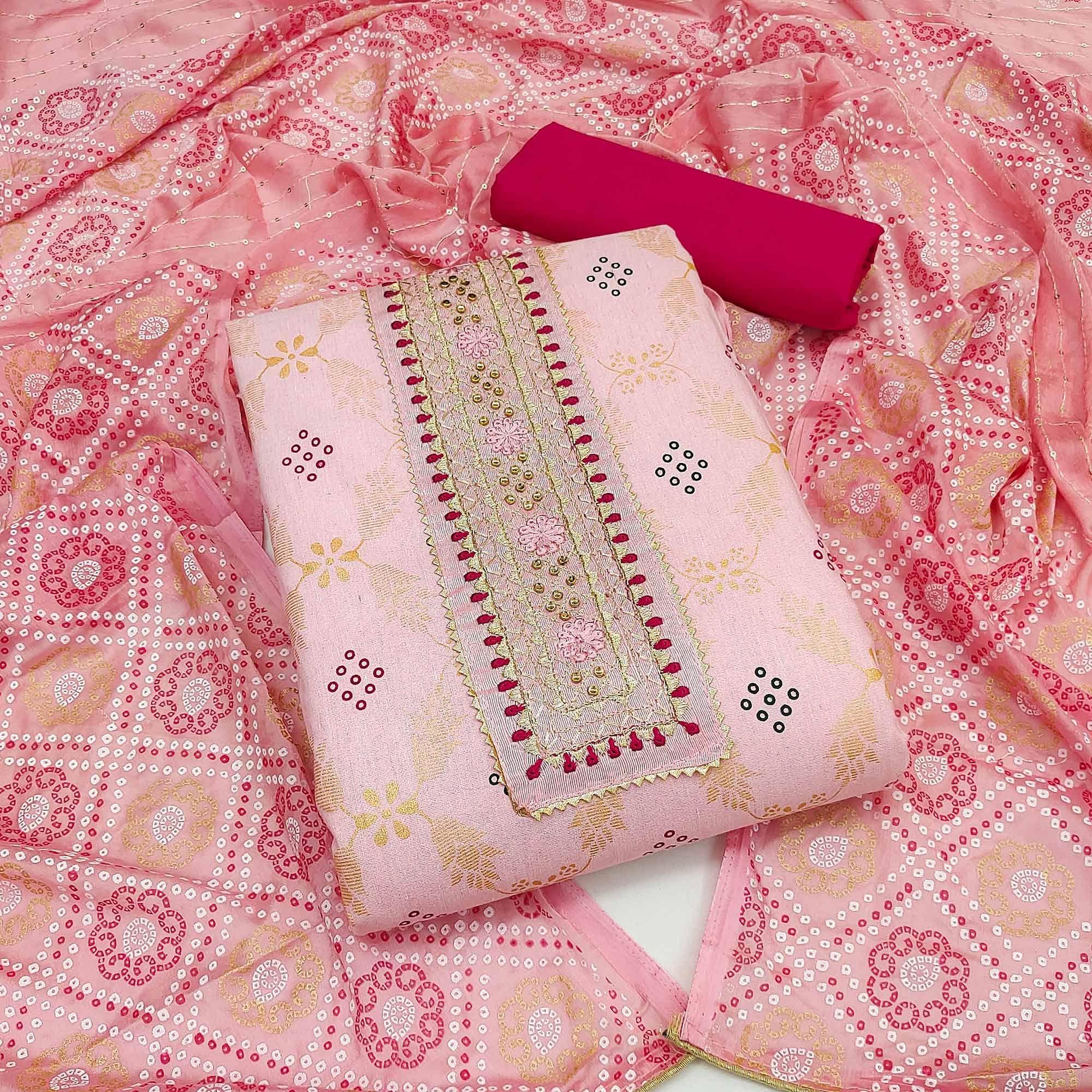 Pink Printed Cotton Dress Material - Peachmode