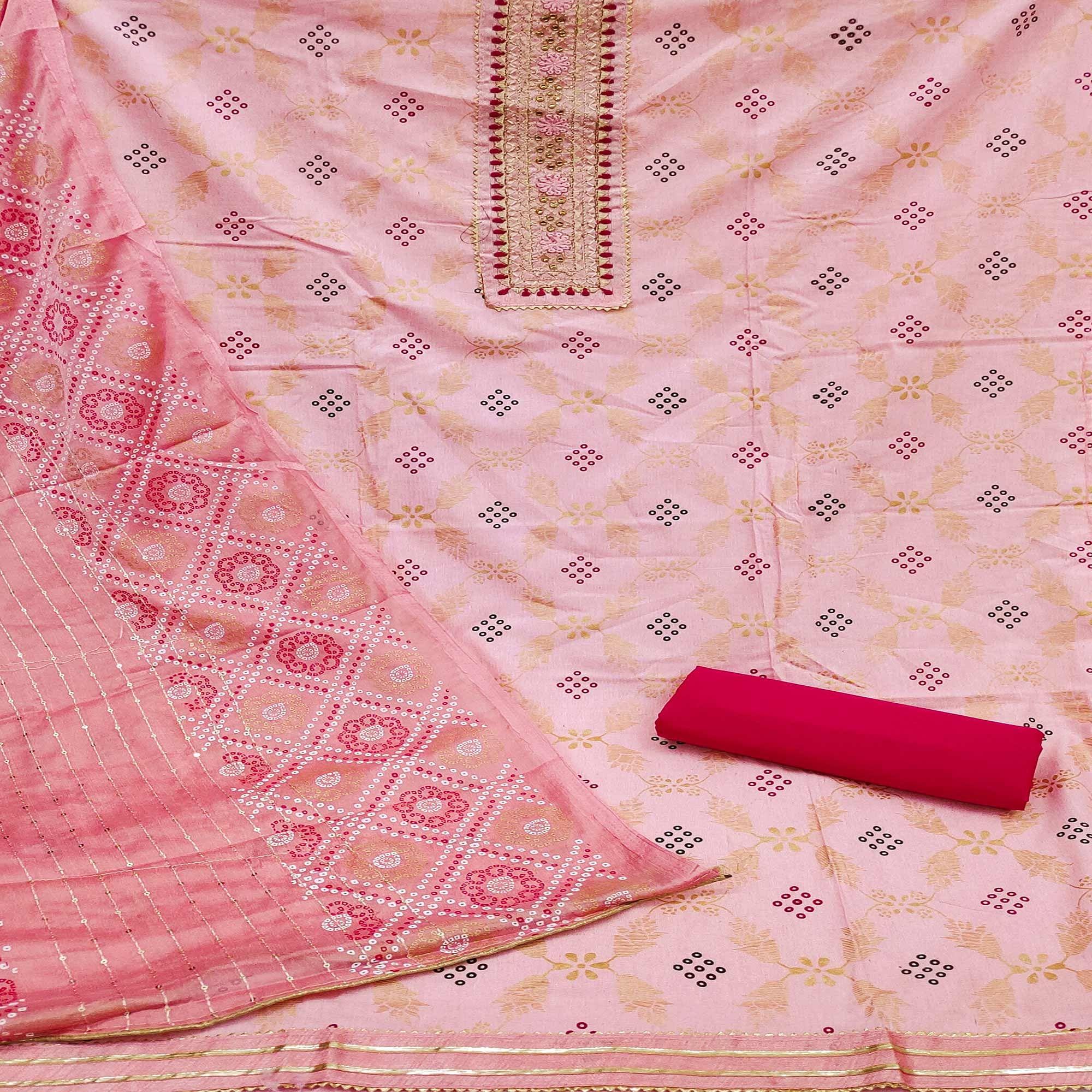 Pink Printed Cotton Dress Material - Peachmode