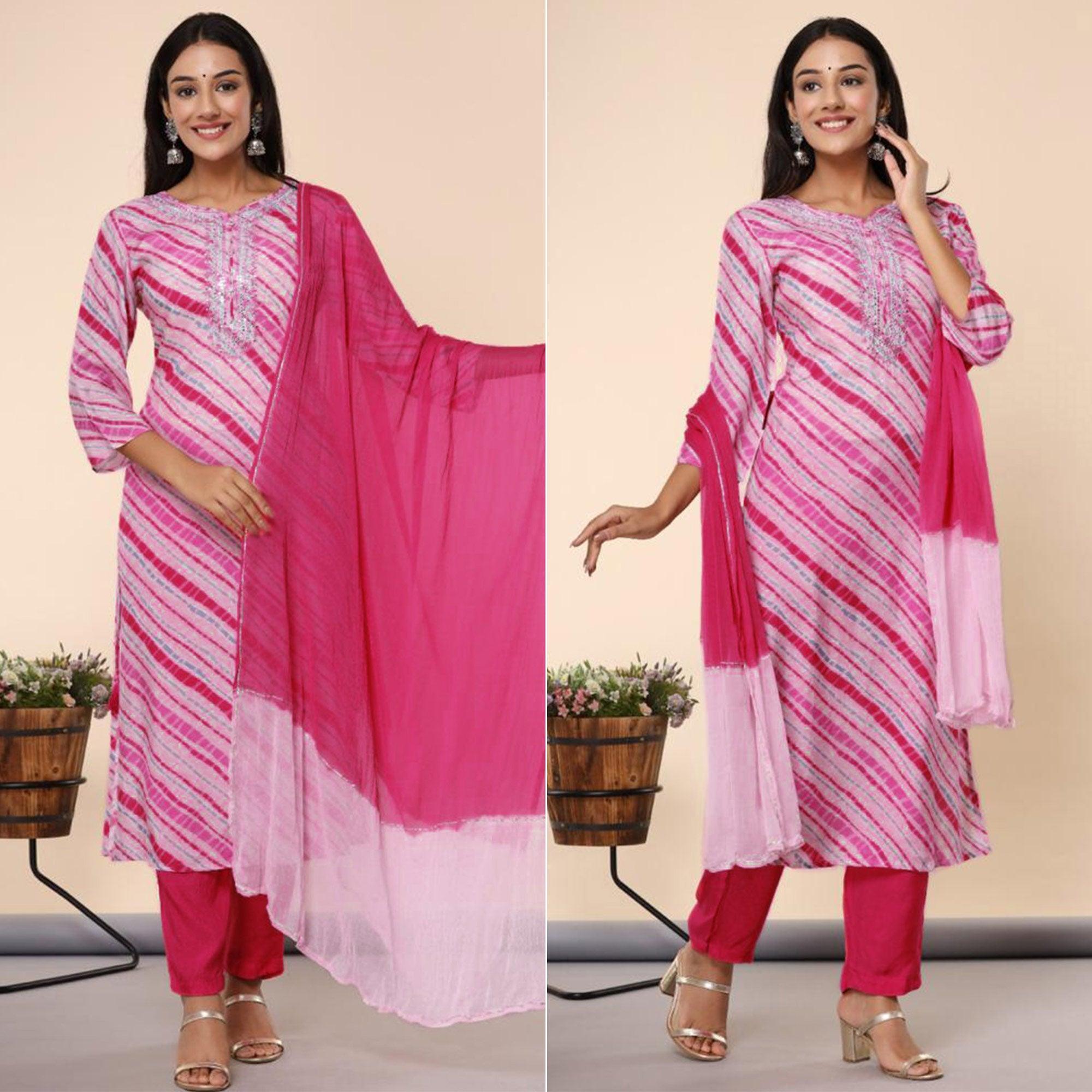 Pink Printed Cotton Silk Kurti Pant Set With Dupatta - Peachmode