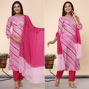 Pink Printed Cotton Silk Kurti Pant Set With Dupatta - Peachmode
