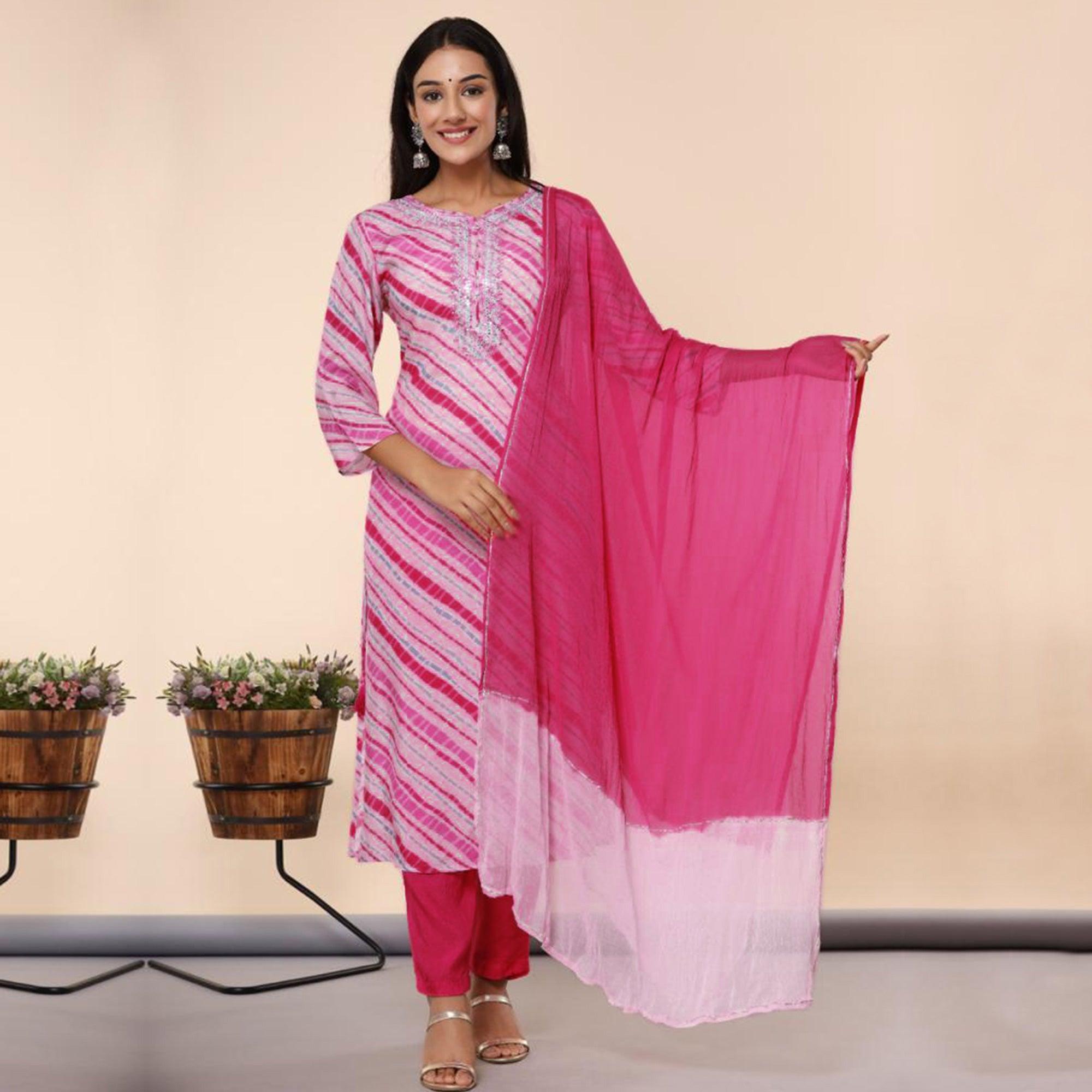 Pink Printed Cotton Silk Kurti Pant Set With Dupatta - Peachmode