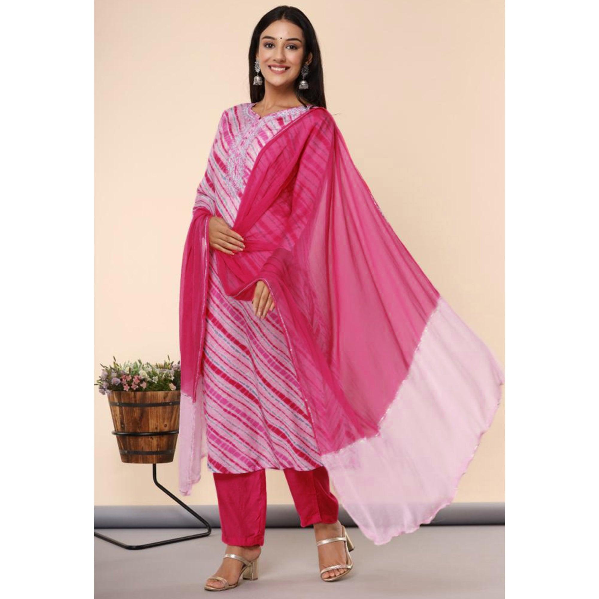 Pink Printed Cotton Silk Kurti Pant Set With Dupatta - Peachmode