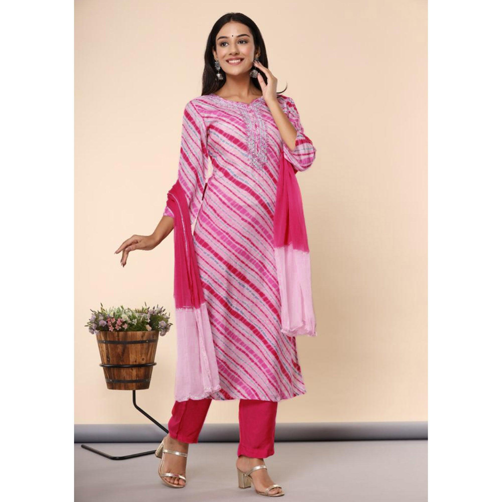 Pink Printed Cotton Silk Kurti Pant Set With Dupatta - Peachmode
