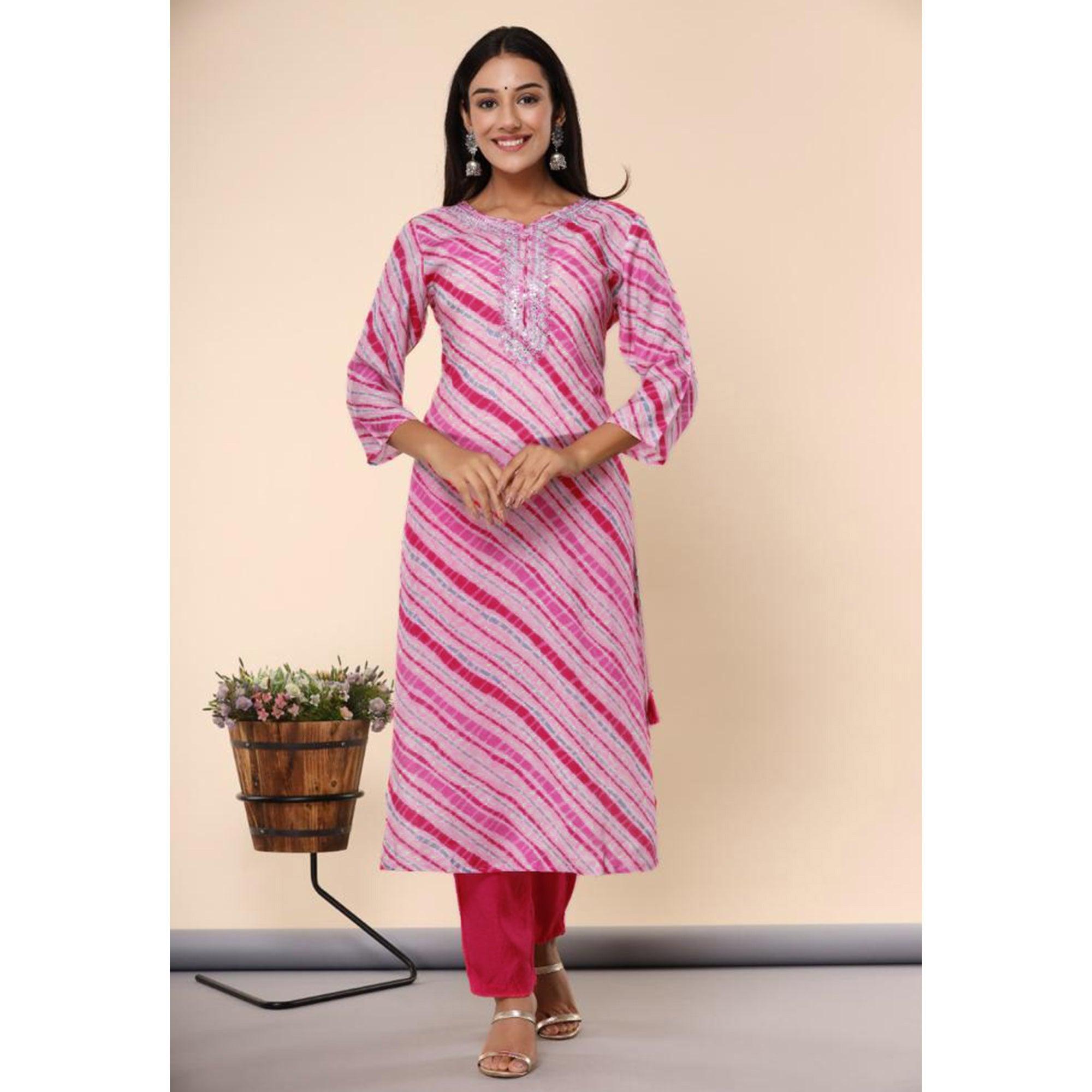 Pink Printed Cotton Silk Kurti Pant Set With Dupatta - Peachmode