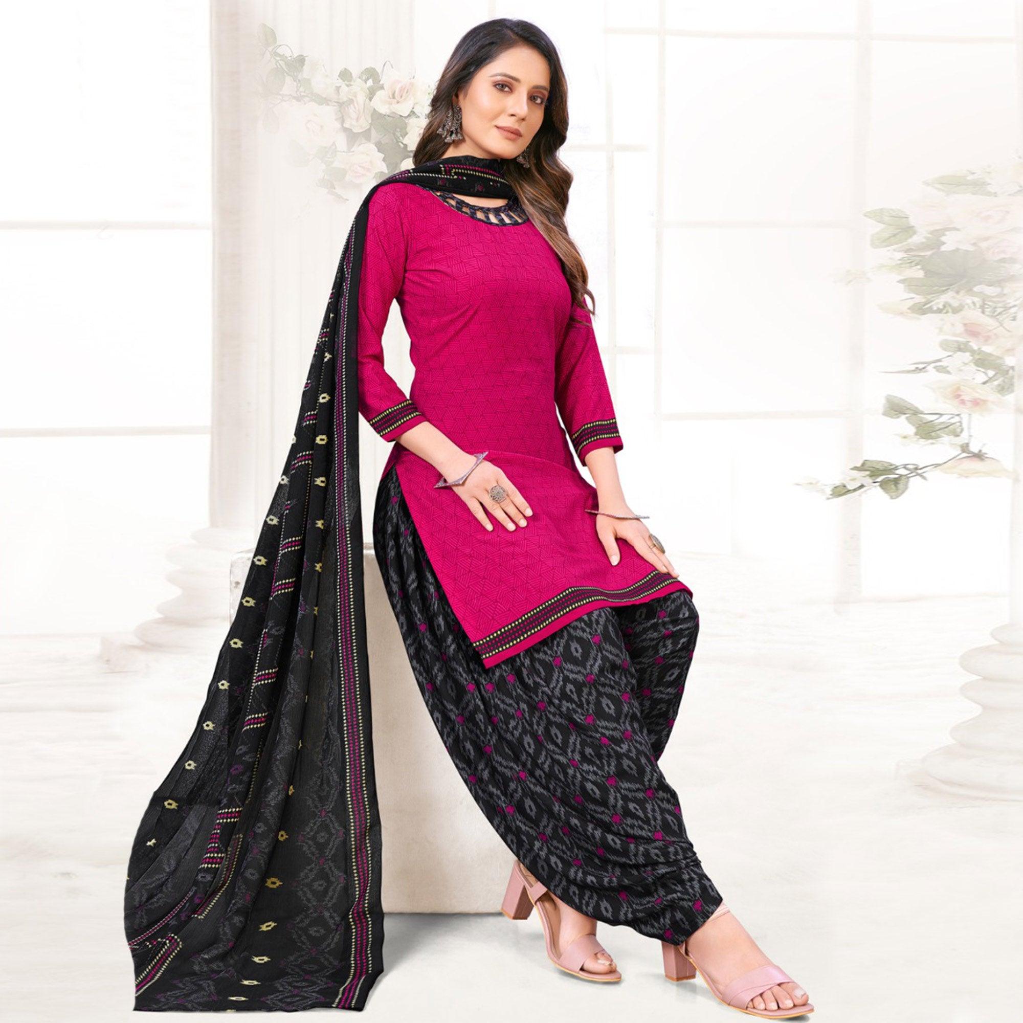 Pink Printed Crepe Patiala Dress Material - Peachmode