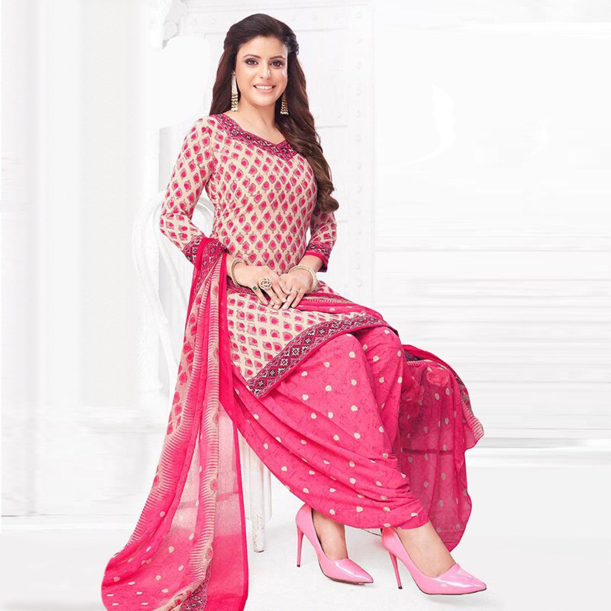 Pink Printed Crepe Patiala Dress Material - Peachmode