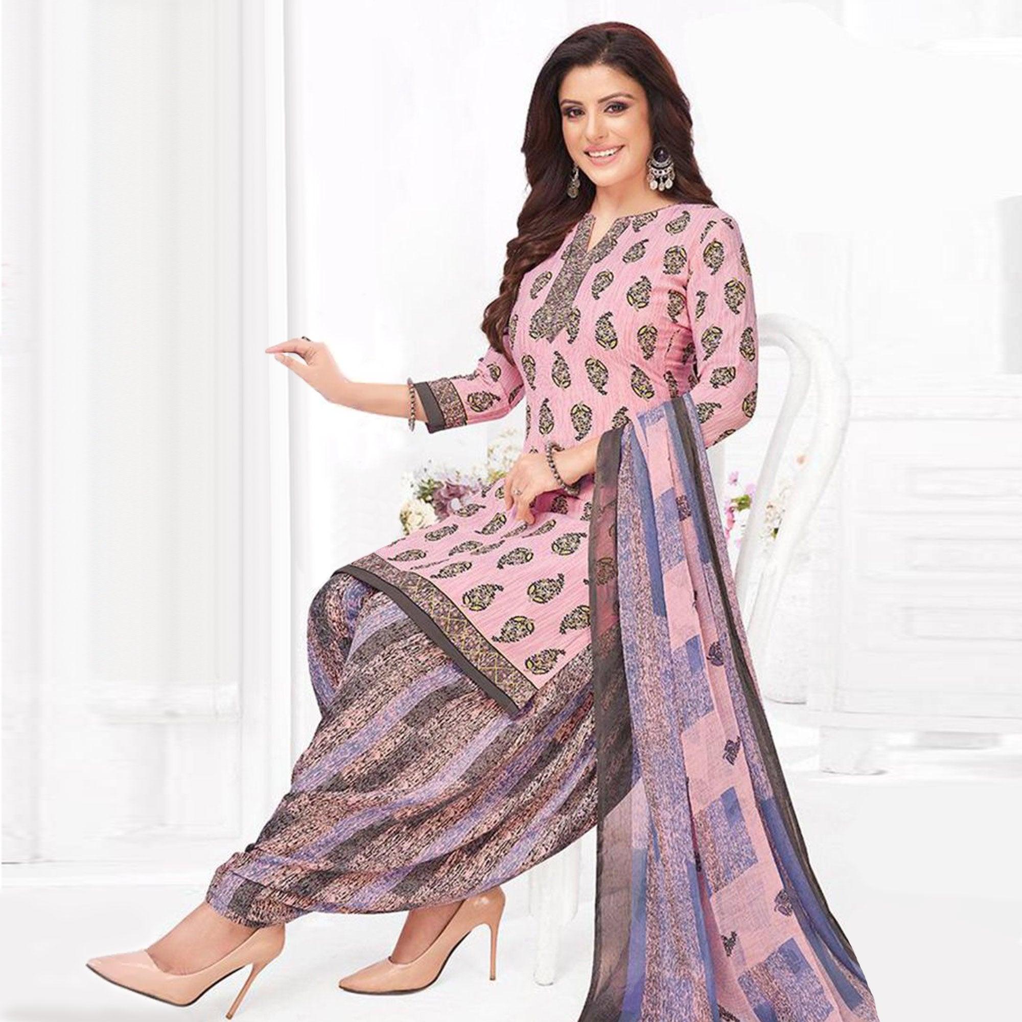 Pink Printed Crepe Patiala Dress Material - Peachmode
