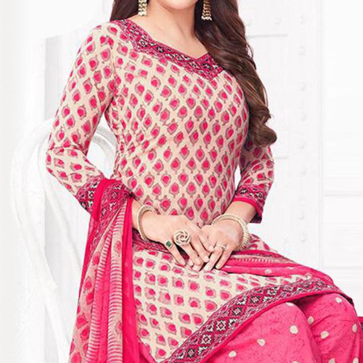Pink Printed Crepe Patiala Dress Material - Peachmode