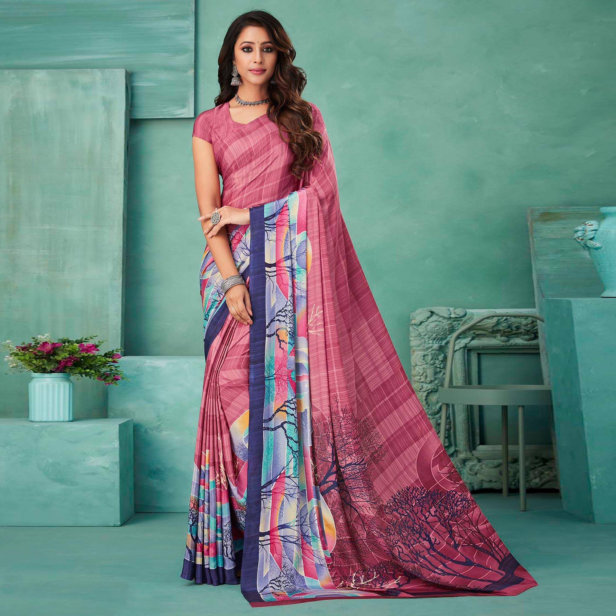 Pink Printed Crepe Saree - Peachmode
