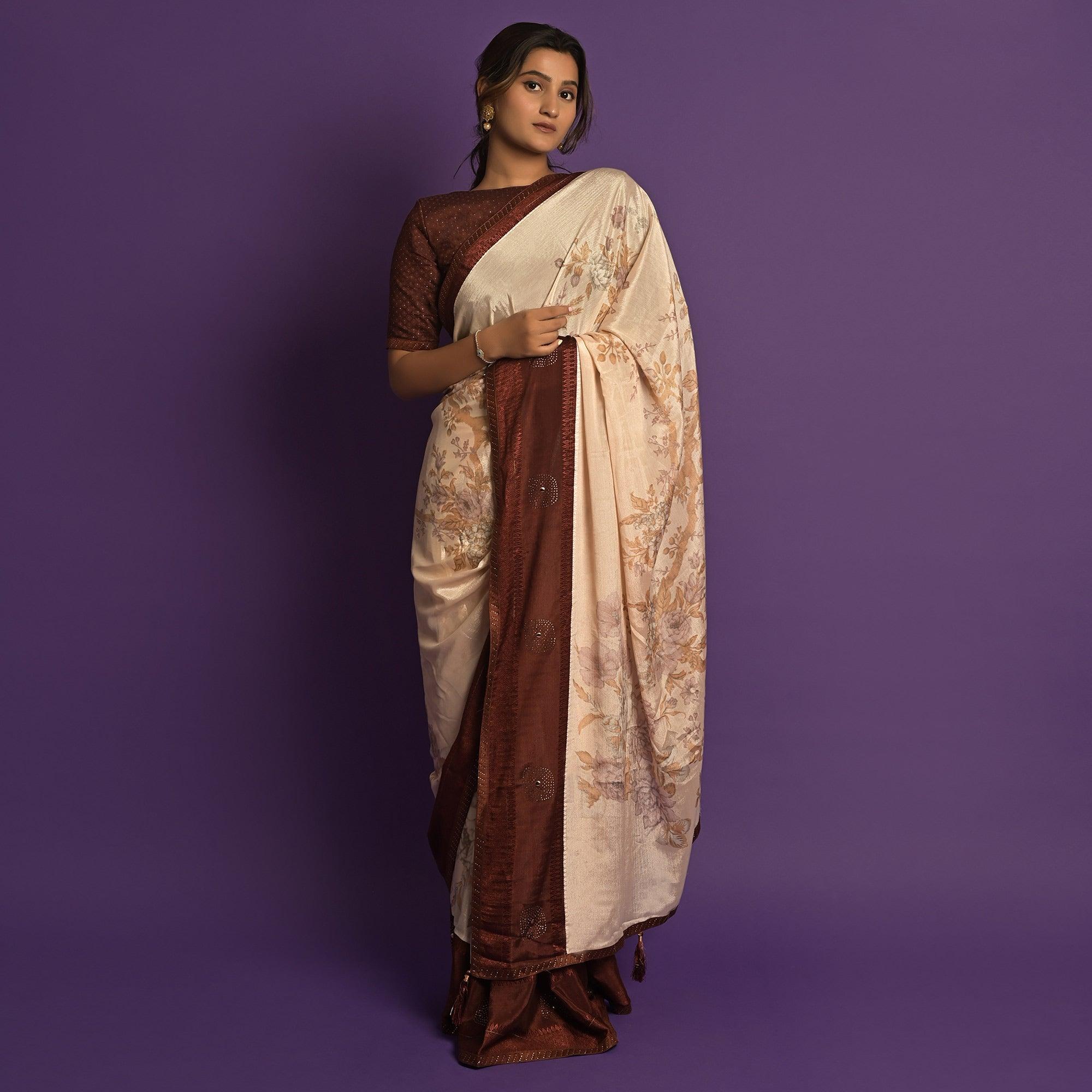 Pink Printed-Embellished Chiffon Saree - Peachmode