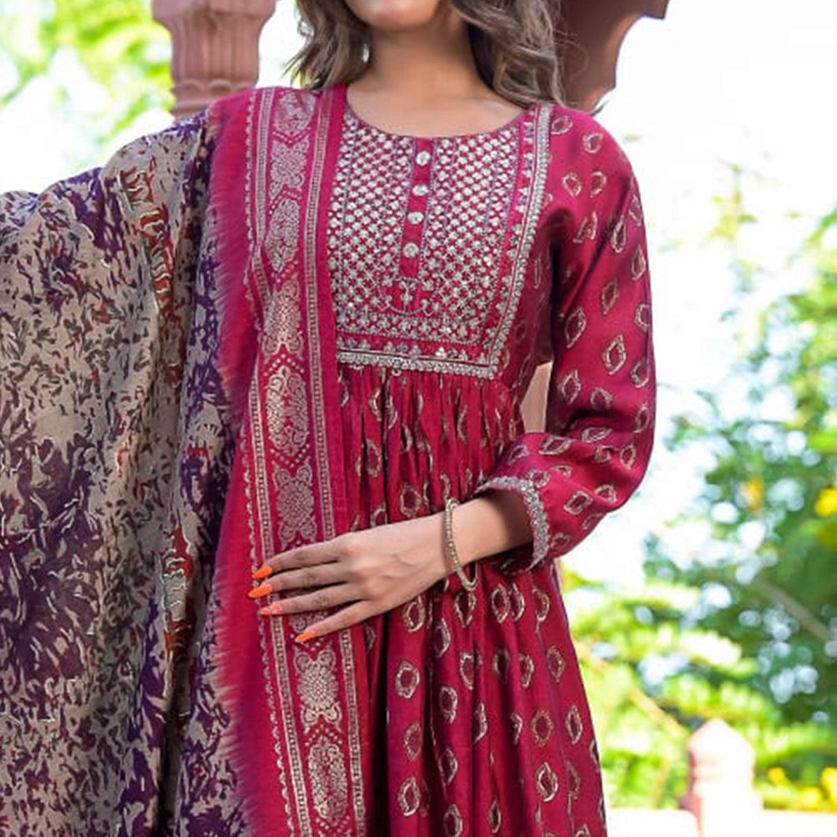 Pink Printed-Embroidered Chanderi Salwar Suit - Peachmode