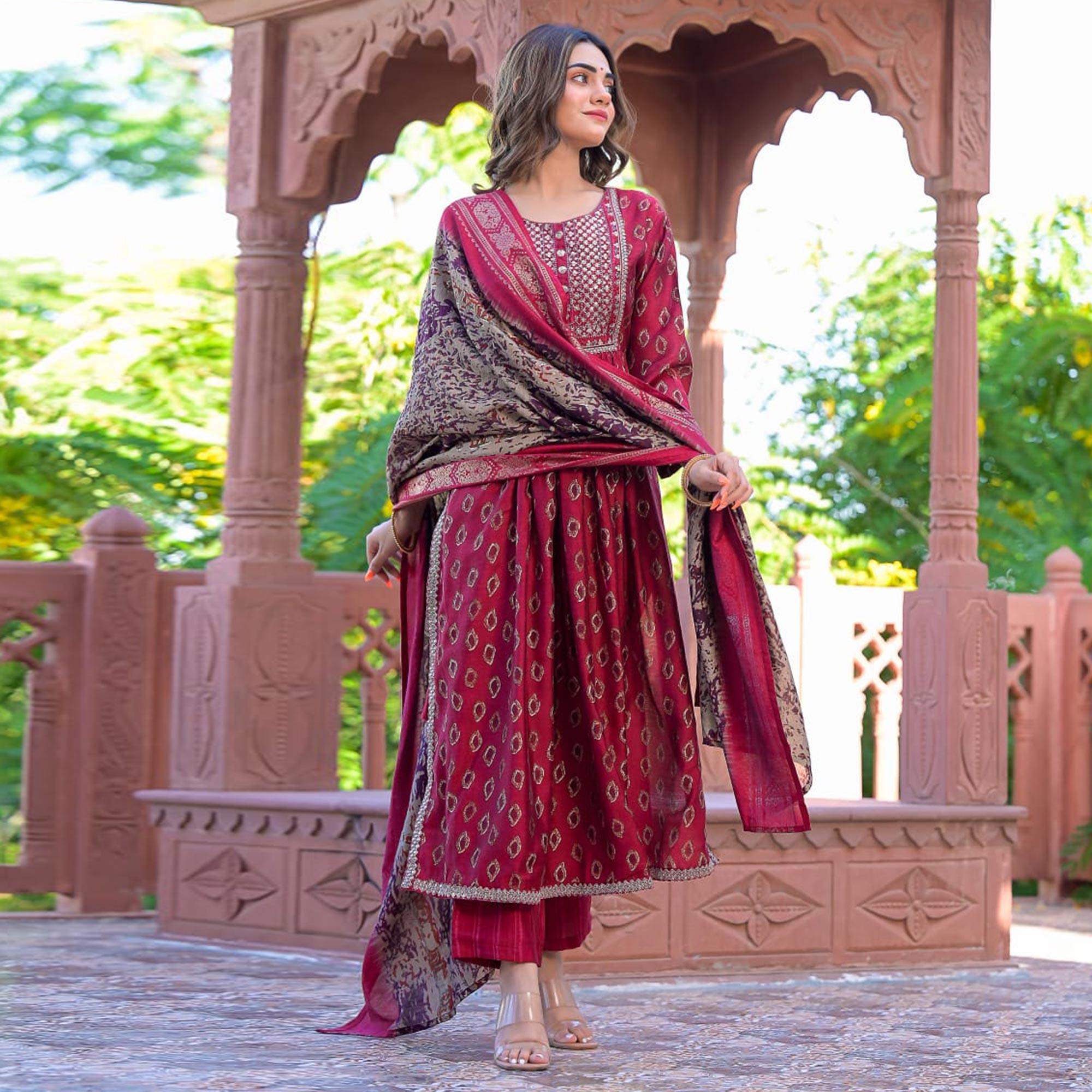Pink Printed-Embroidered Chanderi Salwar Suit - Peachmode