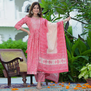 Pink Printed-Embroidered Muslin Anarkali Suit - Peachmode