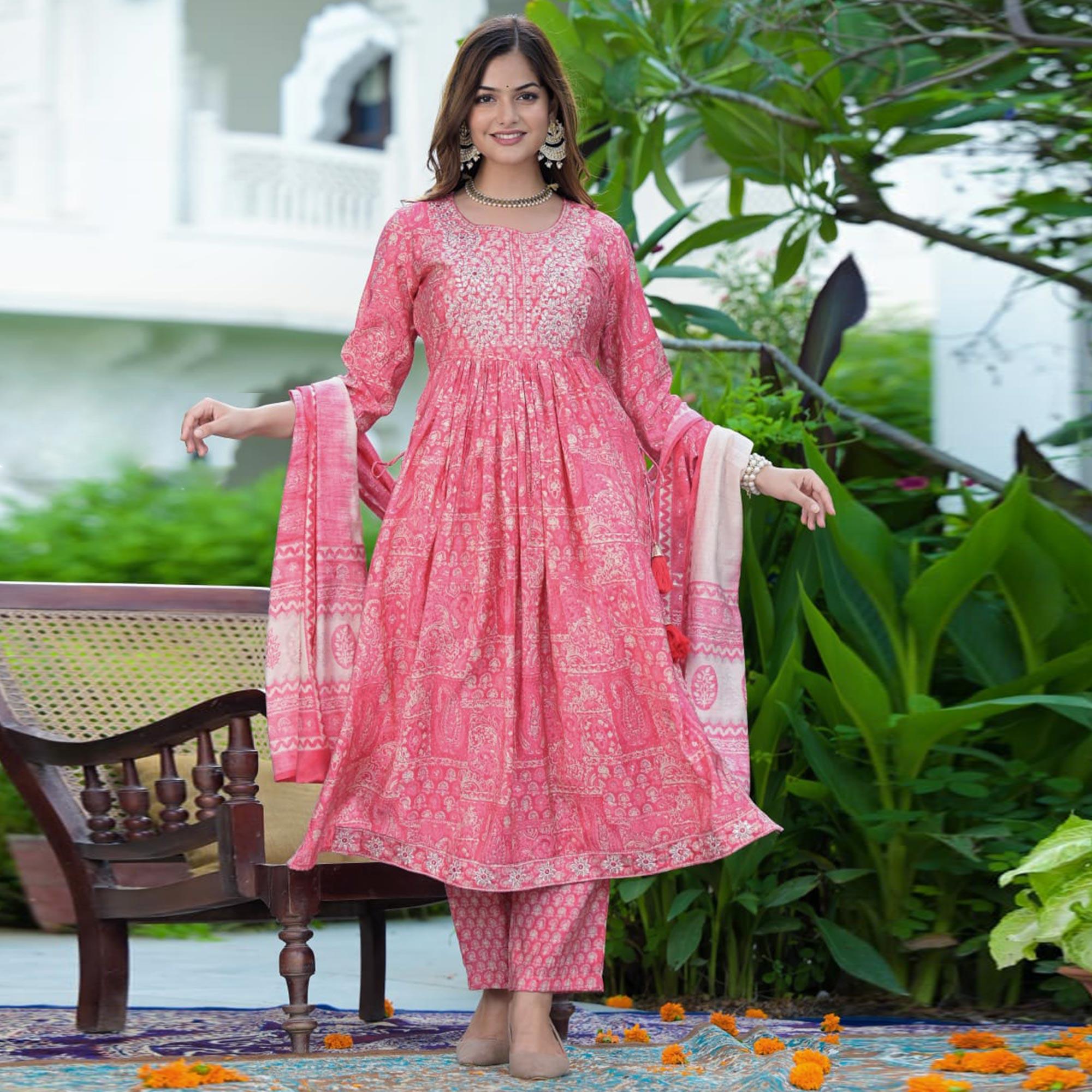Pink Printed-Embroidered Muslin Anarkali Suit - Peachmode