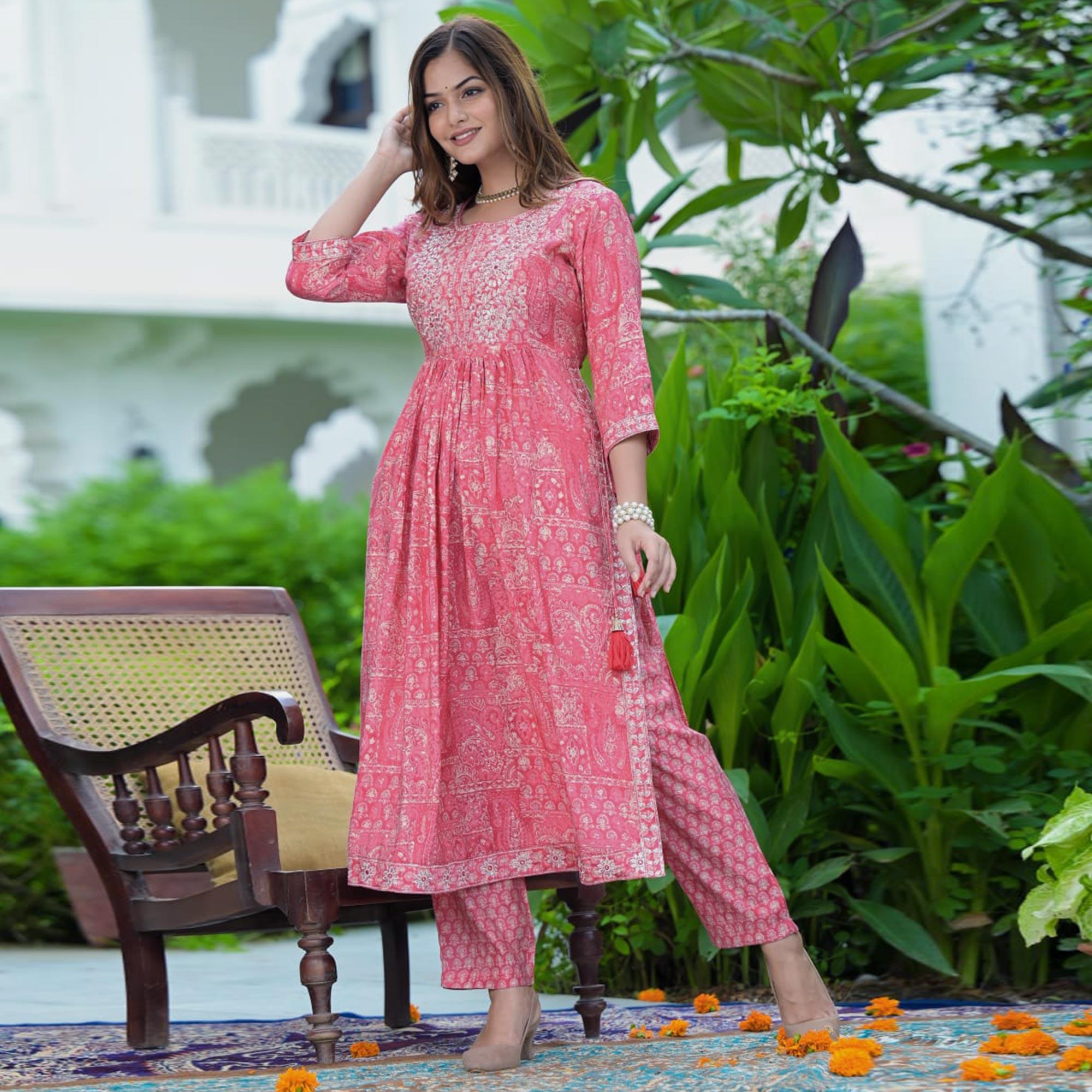 Pink Printed-Embroidered Muslin Anarkali Suit - Peachmode