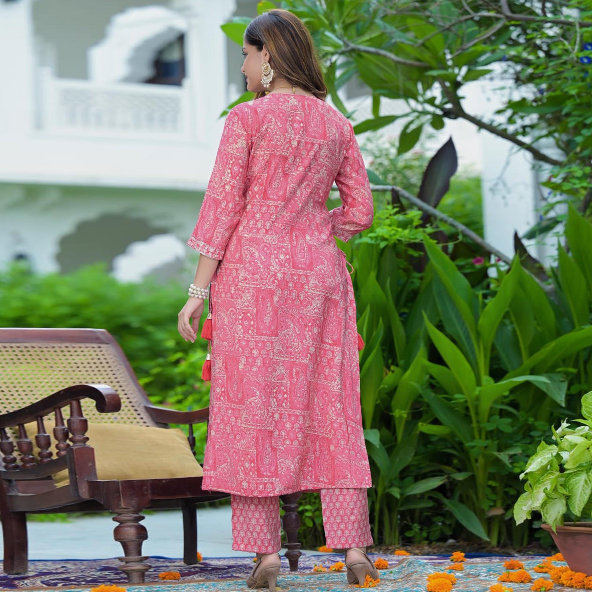 Pink Printed-Embroidered Muslin Anarkali Suit - Peachmode
