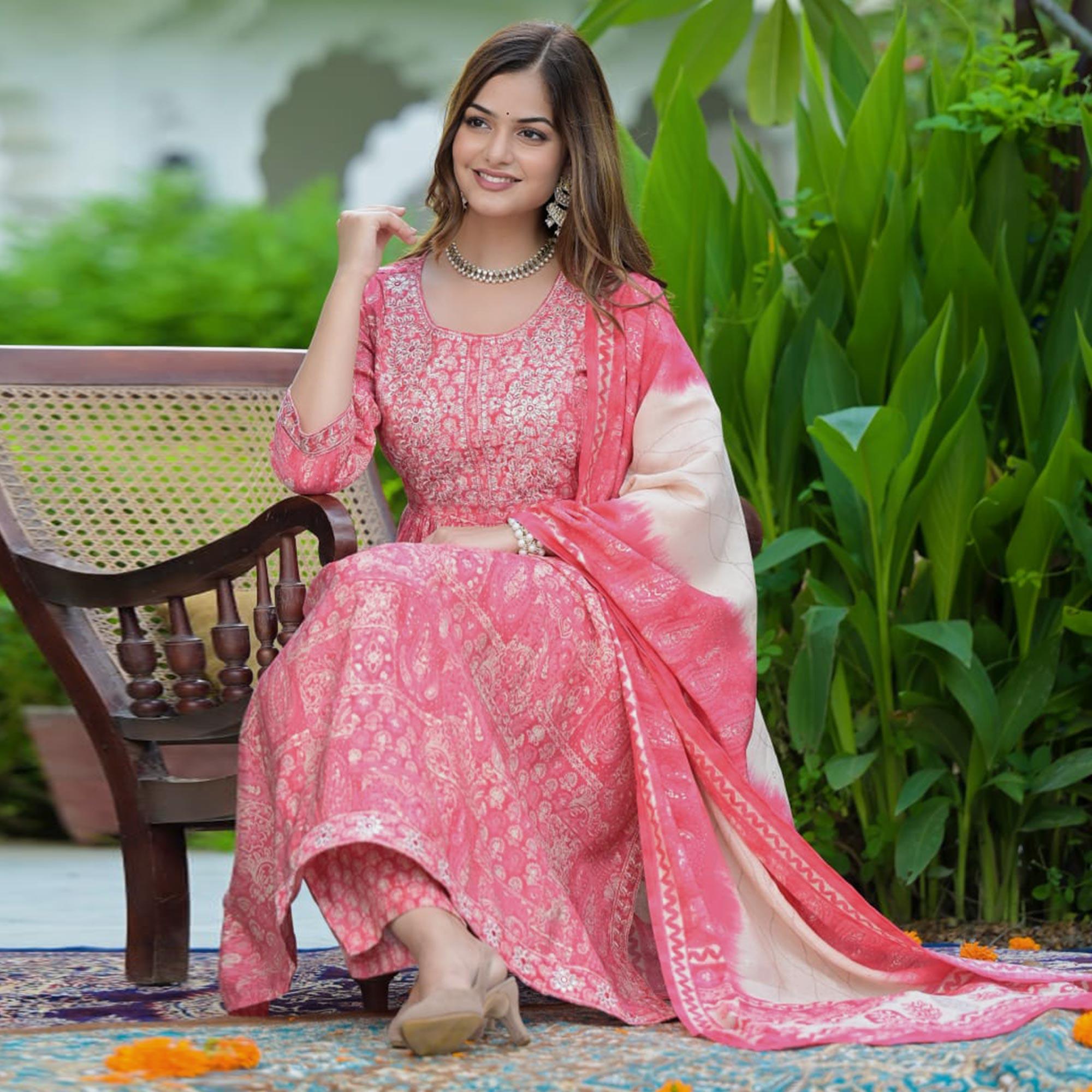Pink Printed-Embroidered Muslin Anarkali Suit - Peachmode