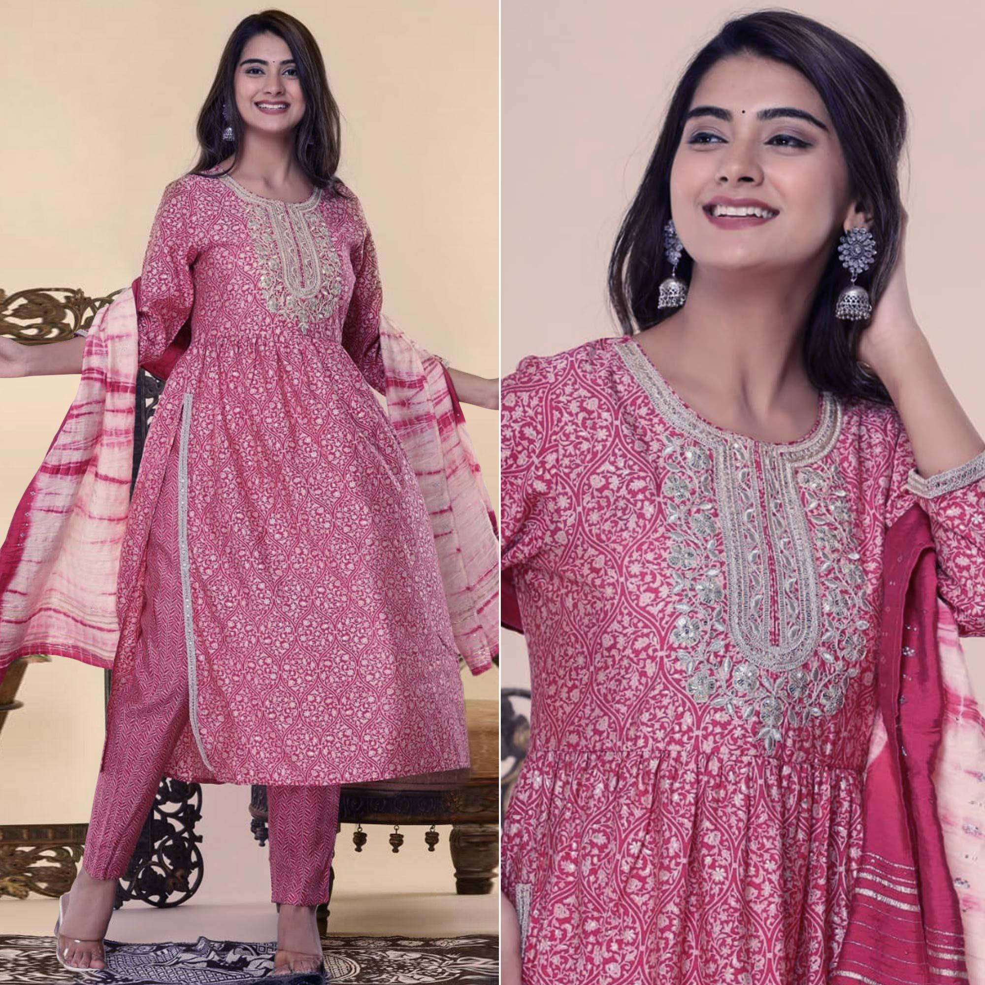 Pink Printed-Embroidered Muslin Kurti Pant Set With Dupatta - Peachmode