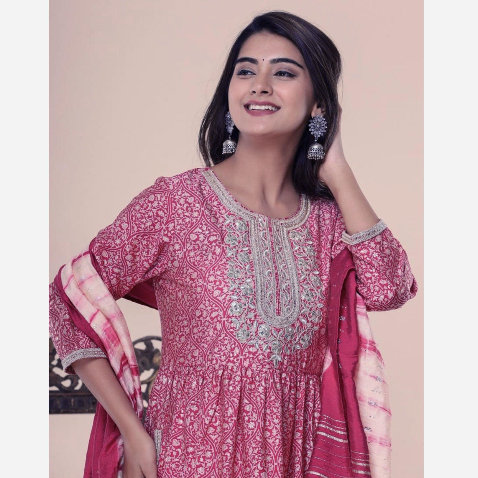 Pink Printed-Embroidered Muslin Kurti Pant Set With Dupatta - Peachmode