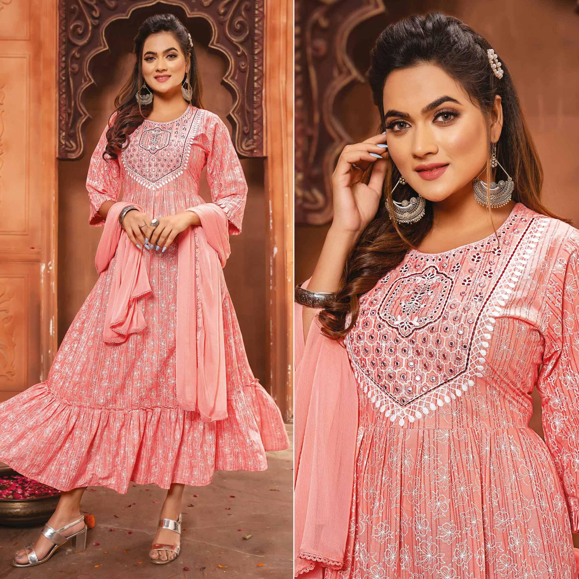 Pink Printed-Embroidered Poly Cotton Gown With Dupatta - Peachmode