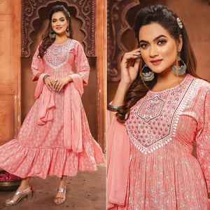 Pink Printed-Embroidered Poly Cotton Gown With Dupatta - Peachmode