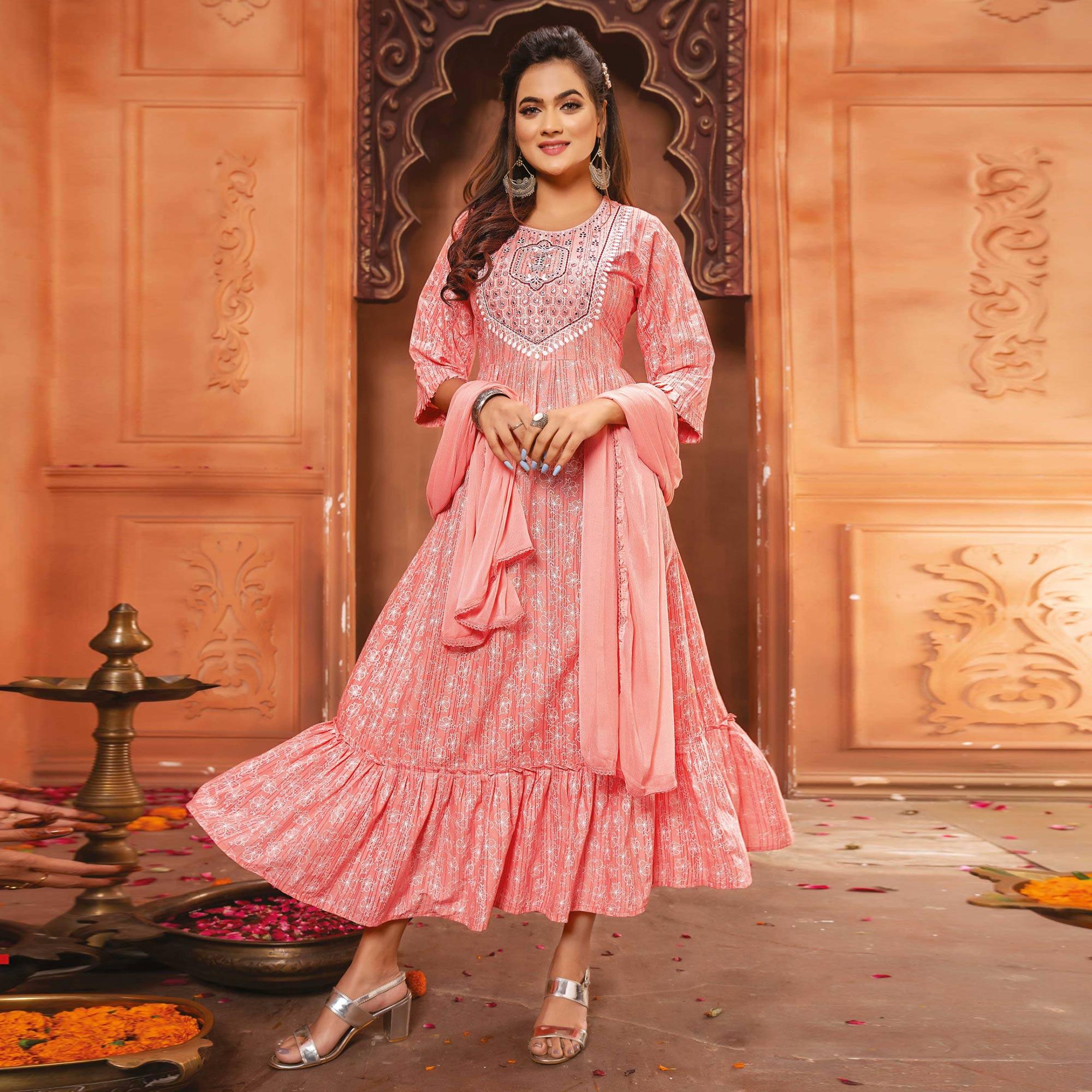 Pink Printed-Embroidered Poly Cotton Gown With Dupatta - Peachmode