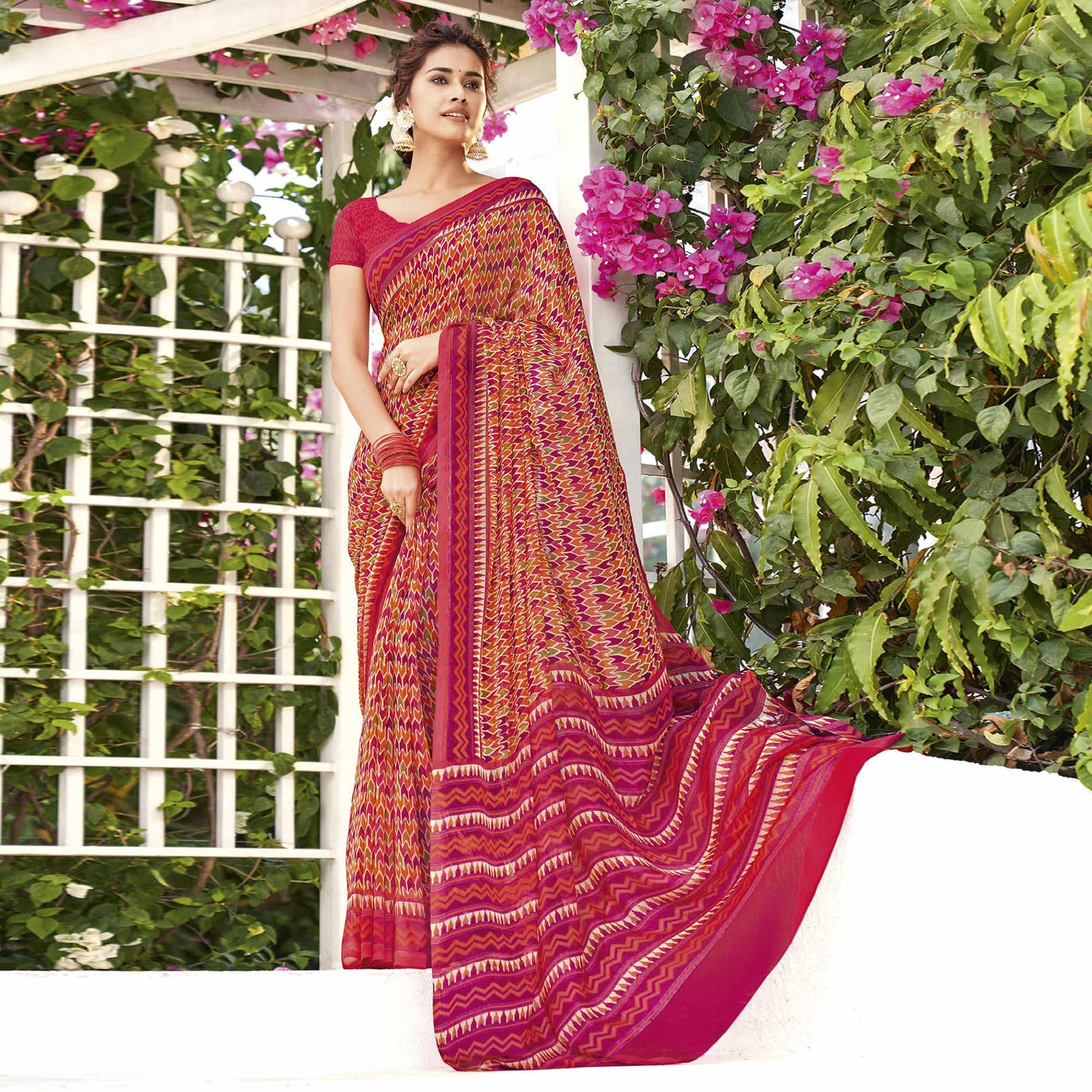 Pink Printed Georgette Saree - Peachmode