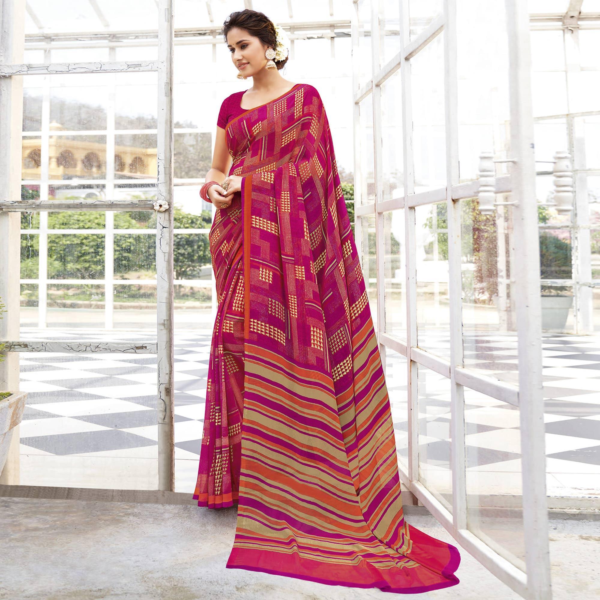 Pink Printed Georgette Saree - Peachmode